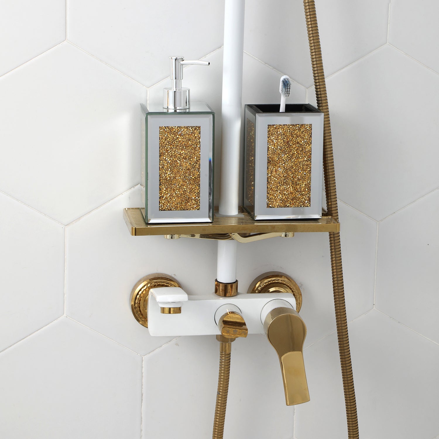 Gold Crushed Square Soap Dispenser and Toothbrush Holder set in an elegant gift box, showcasing luxurious crushed diamond glass and gold accents.