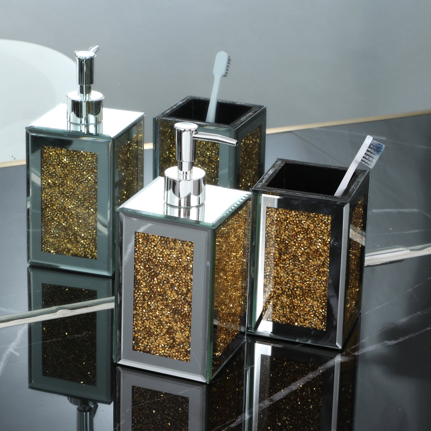 Gold Crushed Square Soap Dispenser and Toothbrush Holder set in an elegant gift box, showcasing luxurious crushed diamond glass and gold accents.