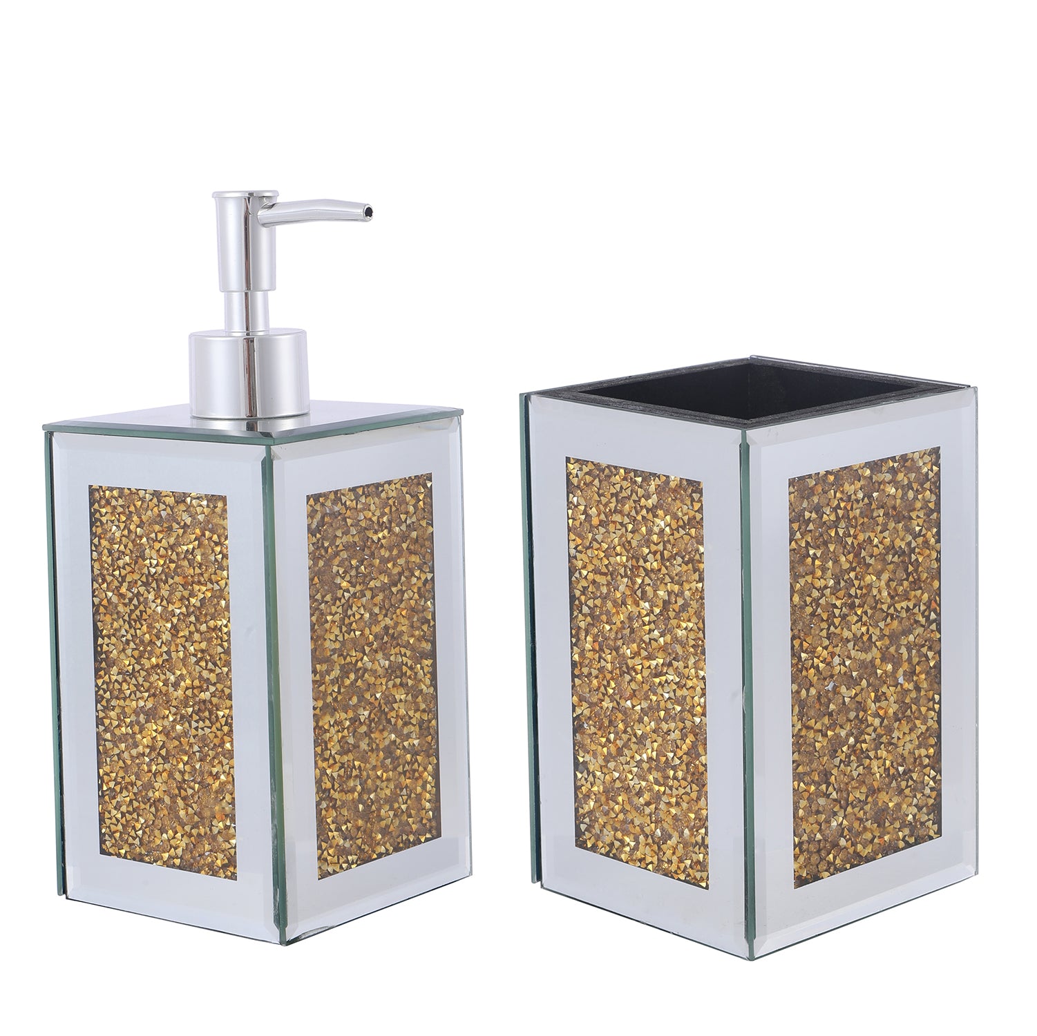 Gold Crushed Square Soap Dispenser and Toothbrush Holder set in an elegant gift box, showcasing luxurious crushed diamond glass and gold accents.