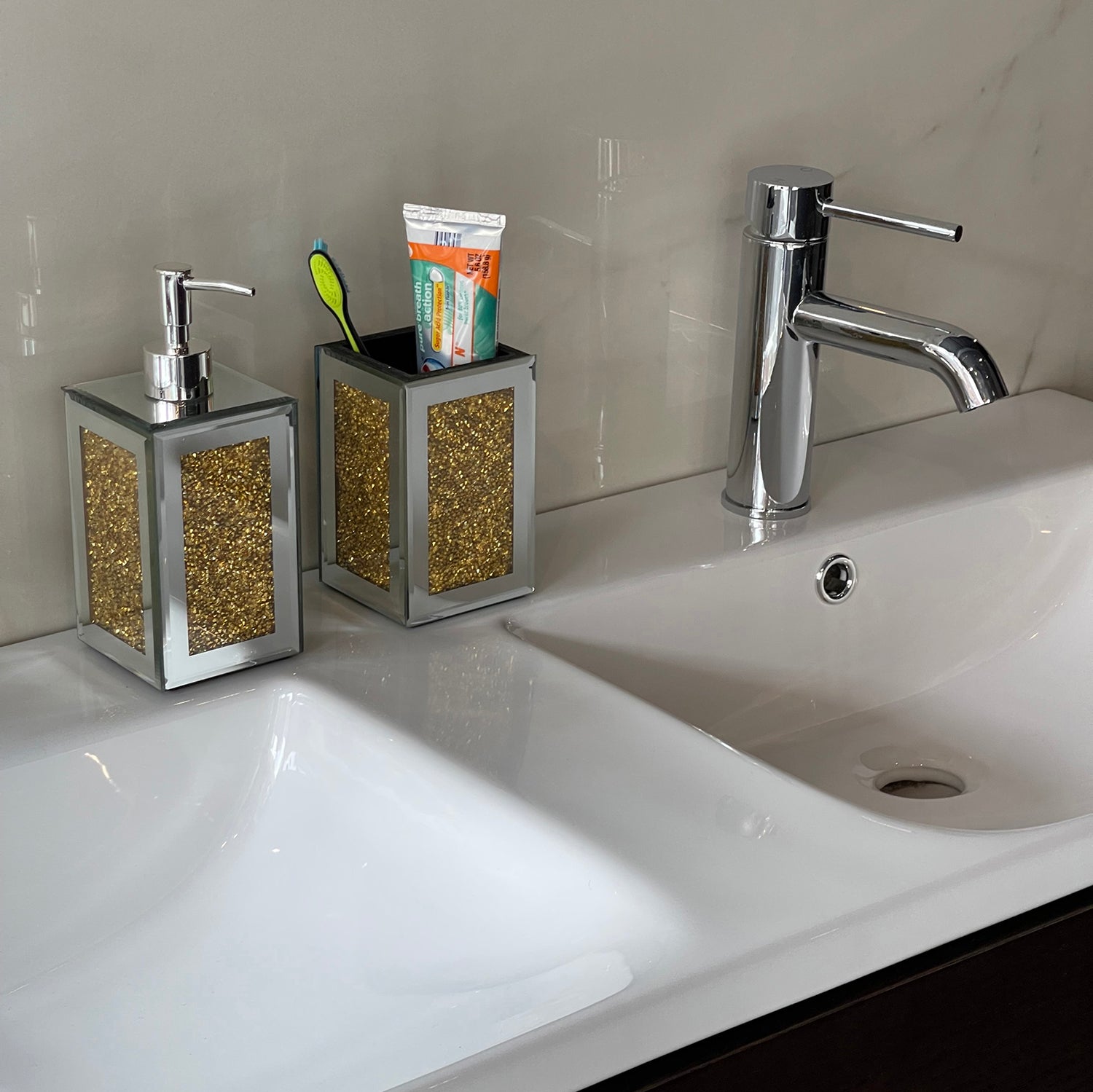 Gold Crushed Square Soap Dispenser and Toothbrush Holder set in an elegant gift box, showcasing luxurious crushed diamond glass and gold accents.