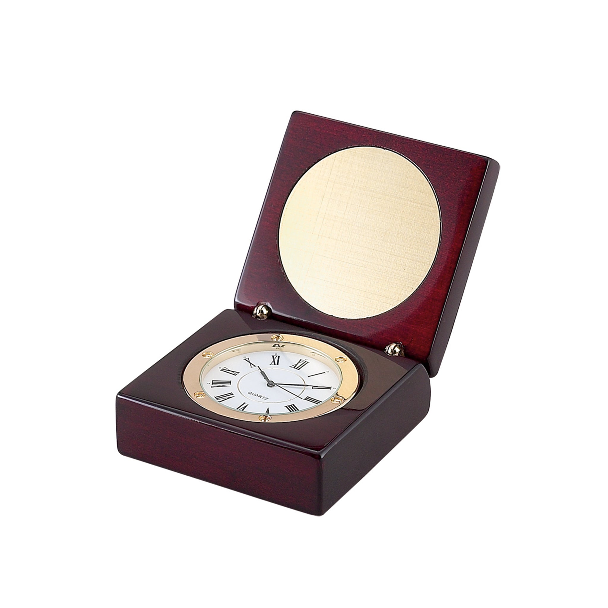 Square wood box with a rosewood finish and round clock face with gold trim, featuring an engraving plate.