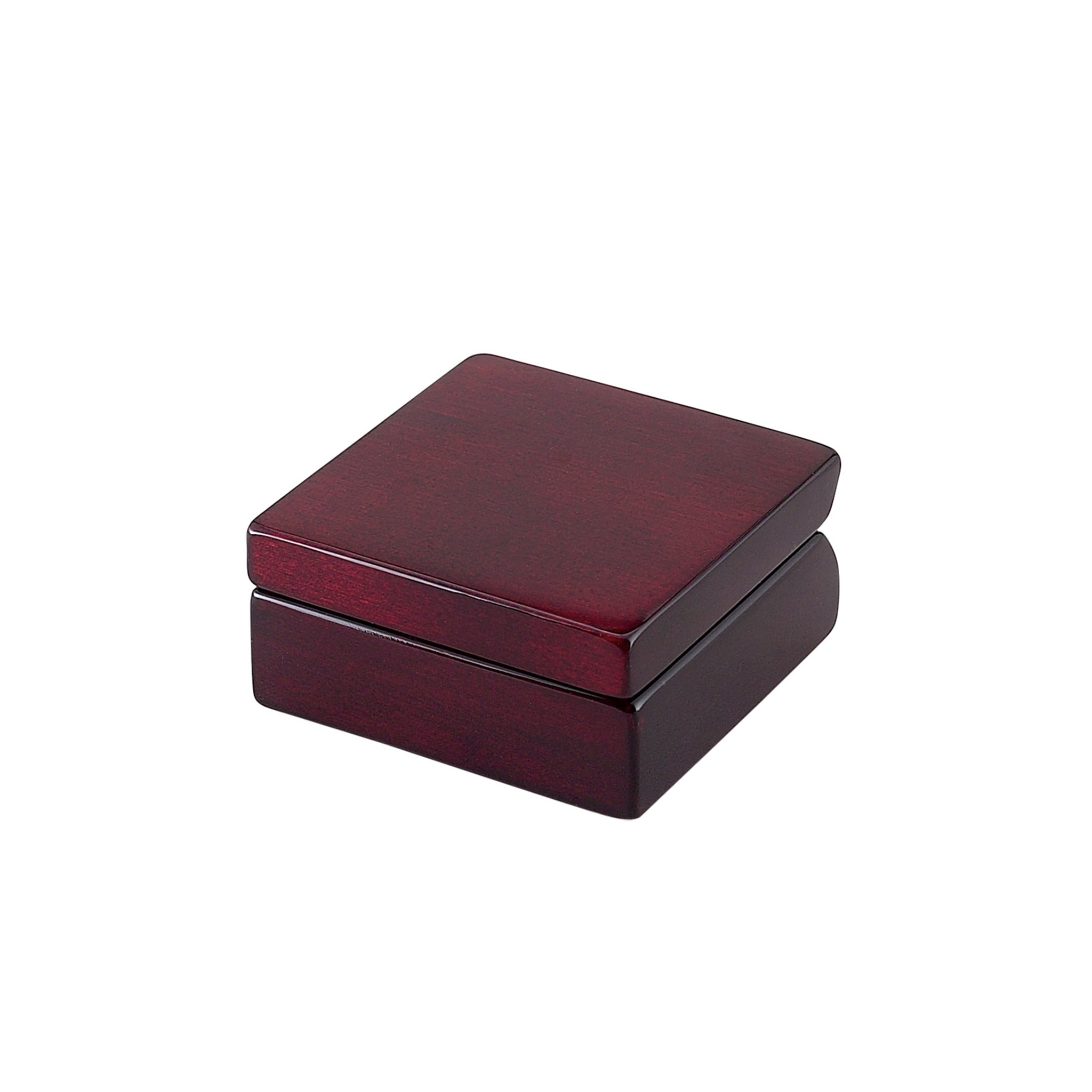 Square wood box with a rosewood finish and round clock face with gold trim, featuring an engraving plate.