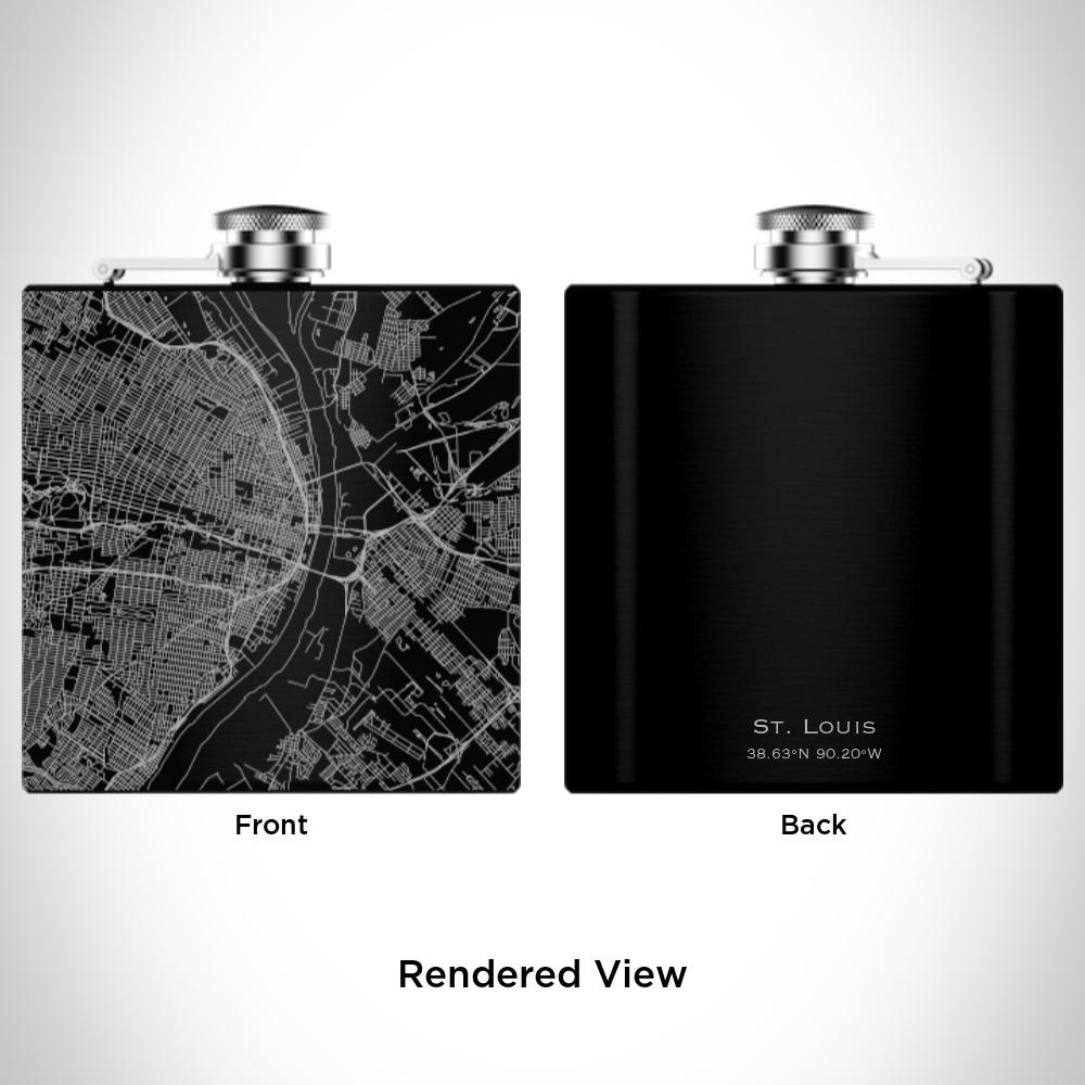 Custom engraved matte black hip flask featuring a detailed map of St. Louis, Missouri with coordinates.