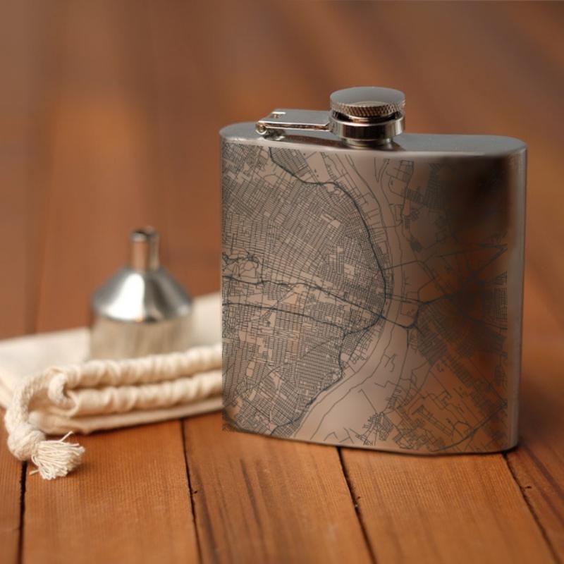 Custom engraved St. Louis Missouri map hip flask with canvas bag and funnel.