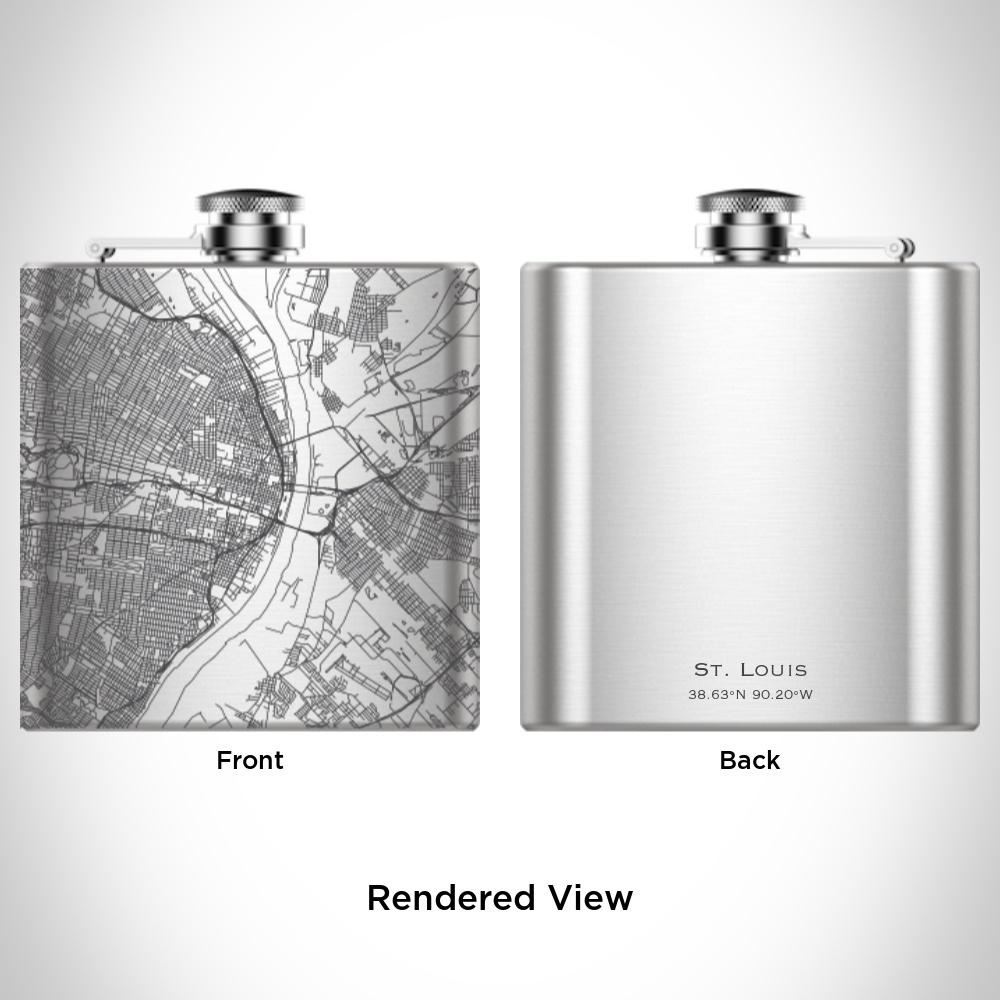 Custom engraved St. Louis Missouri map hip flask with canvas bag and funnel.