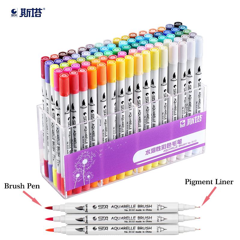 A set of STA New Two Different Written Art Markers showcasing various colors and tips, ideal for art and writing.