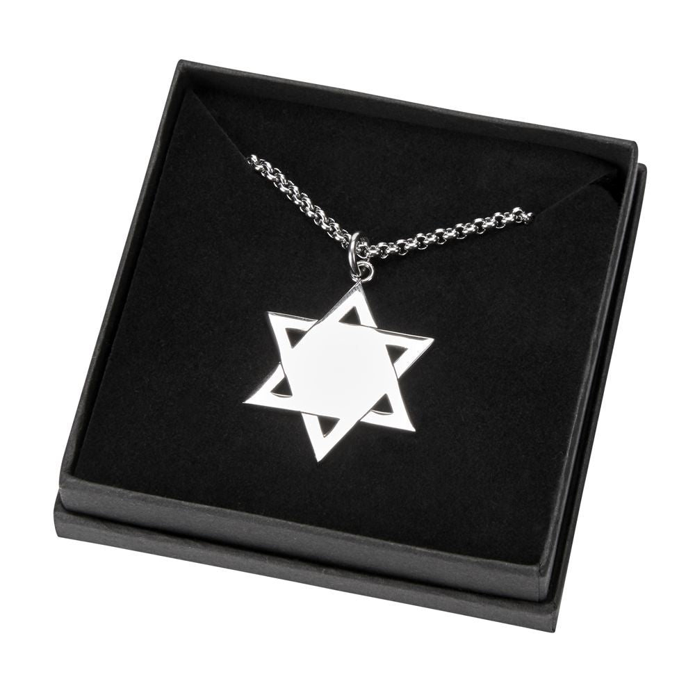 A polished stainless steel Star of David pendant on an 18-inch stainless steel chain, elegantly displayed in a black presentation box.