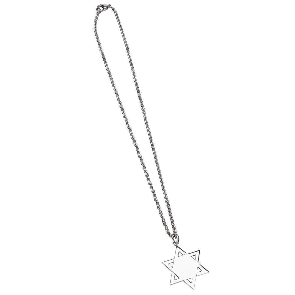 A polished stainless steel Star of David pendant on an 18-inch stainless steel chain, elegantly displayed in a black presentation box.