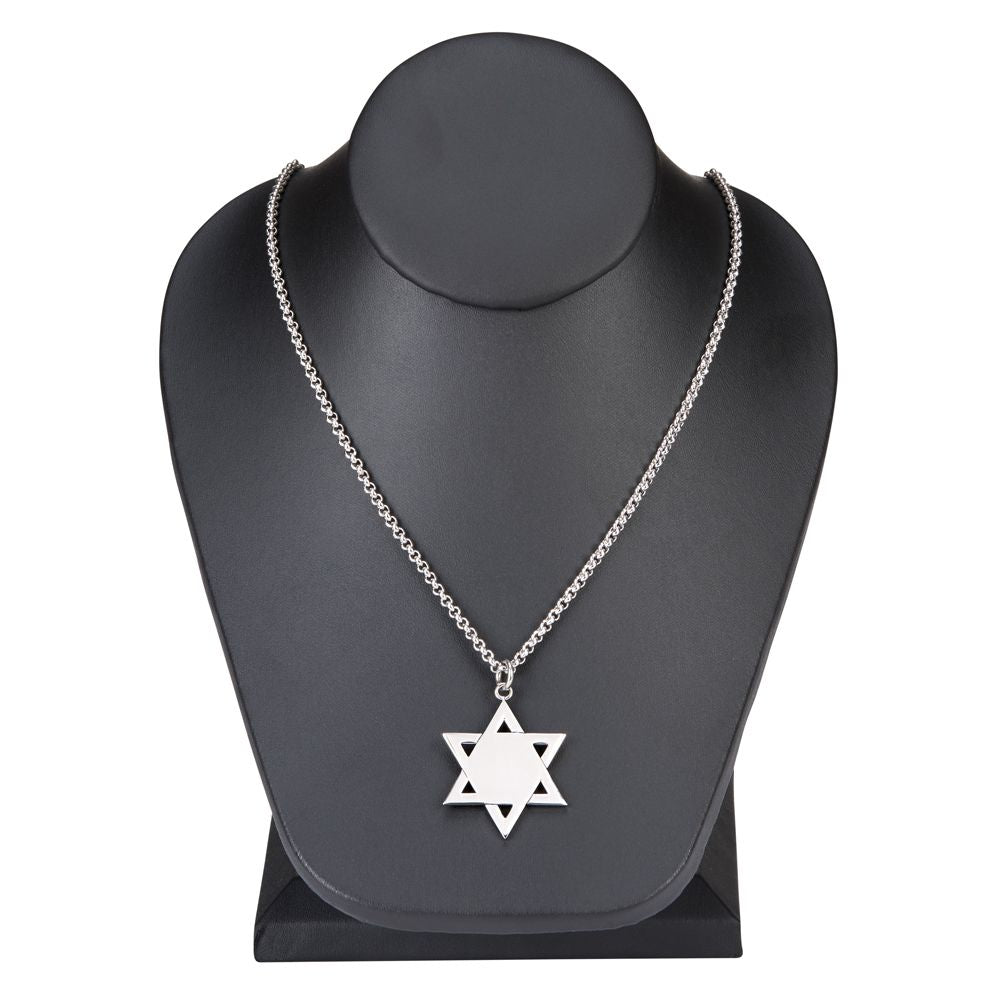 A polished stainless steel Star of David pendant on an 18-inch stainless steel chain, elegantly displayed in a black presentation box.