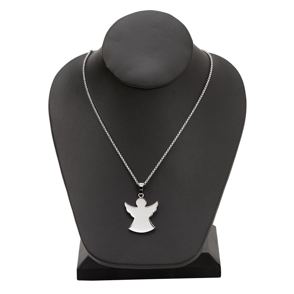 A polished stainless steel angel pendant on an 18-inch chain, elegantly displayed in a black presentation box.