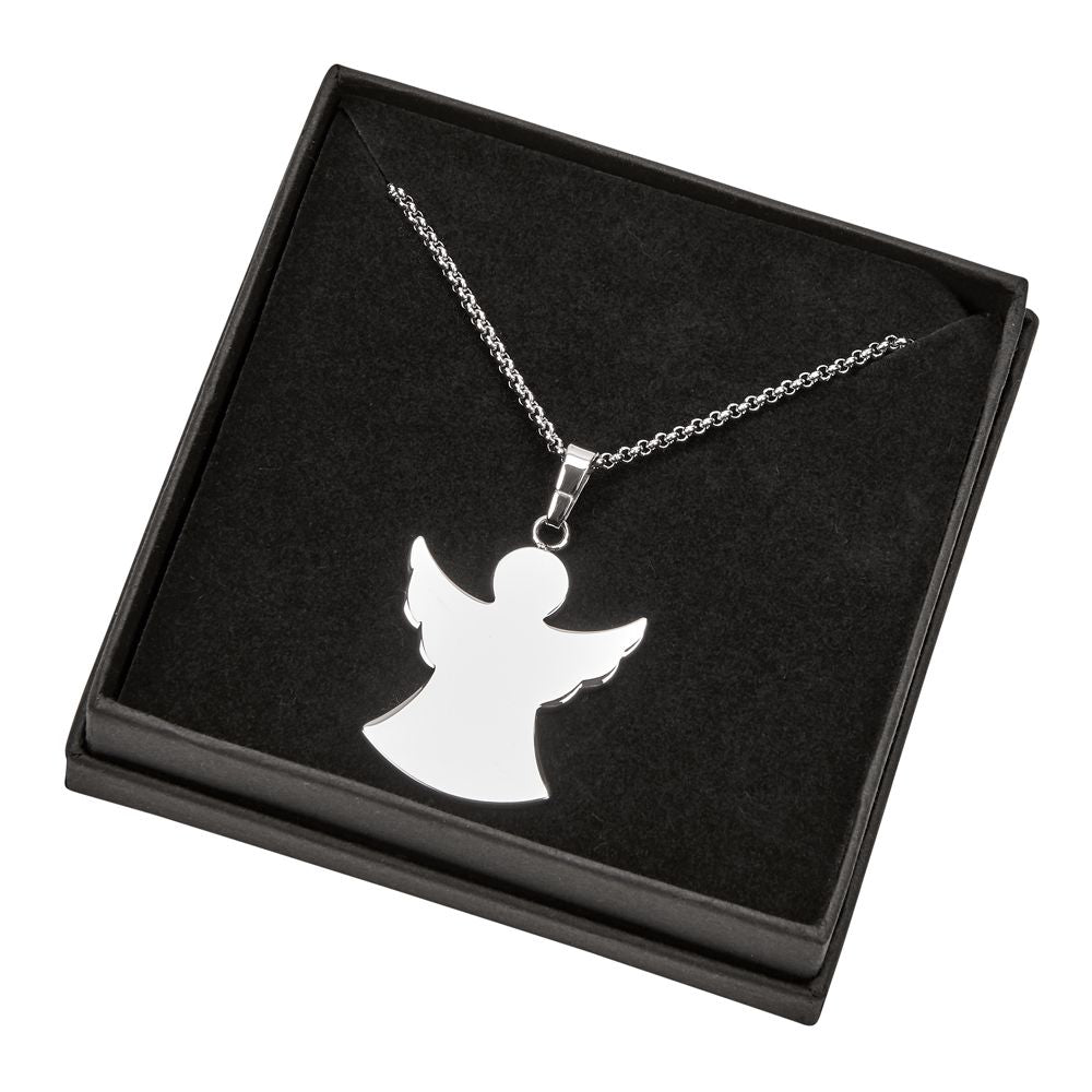 A polished stainless steel angel pendant on an 18-inch chain, elegantly displayed in a black presentation box.