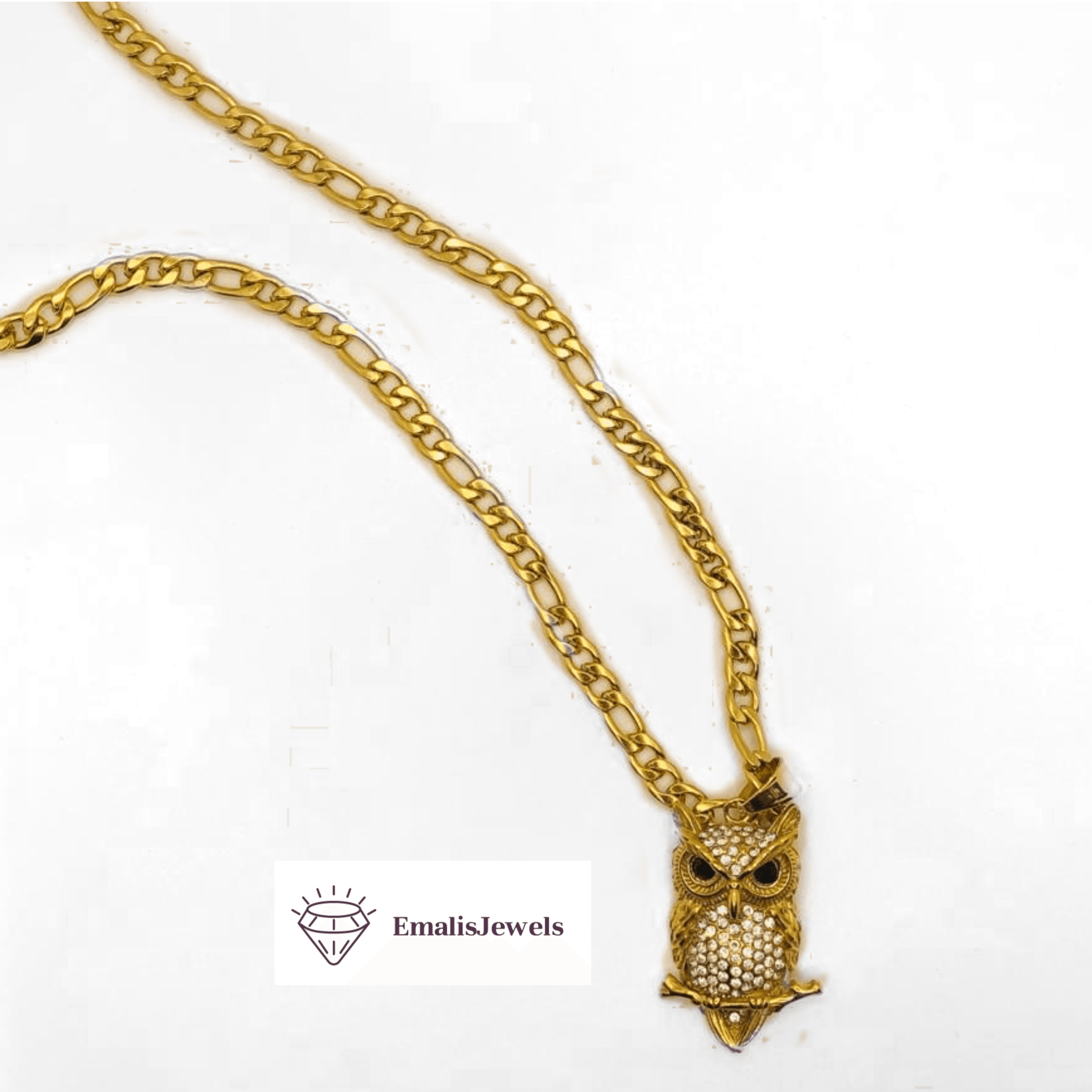 A stainless steel chain necklace featuring a gold overlay owl pendant, showcasing intricate details and a stylish design.