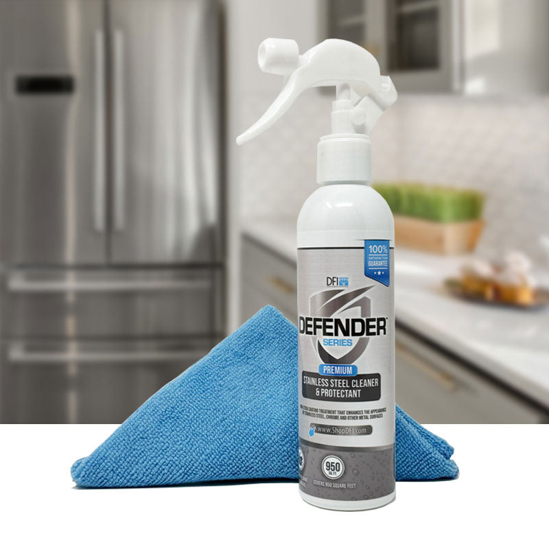 A bottle of Stainless Steel Cleaner & Protectant with a shiny stainless steel surface in the background, showcasing its effectiveness.