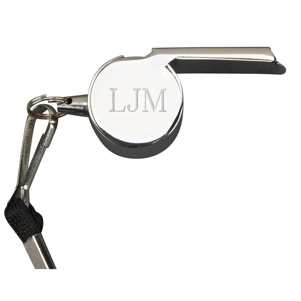 A stainless steel coach's whistle with a black adjustable lanyard, elegantly gift boxed.