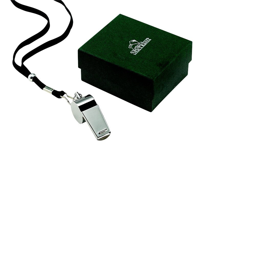 A stainless steel coach's whistle with a black adjustable lanyard, elegantly gift boxed.