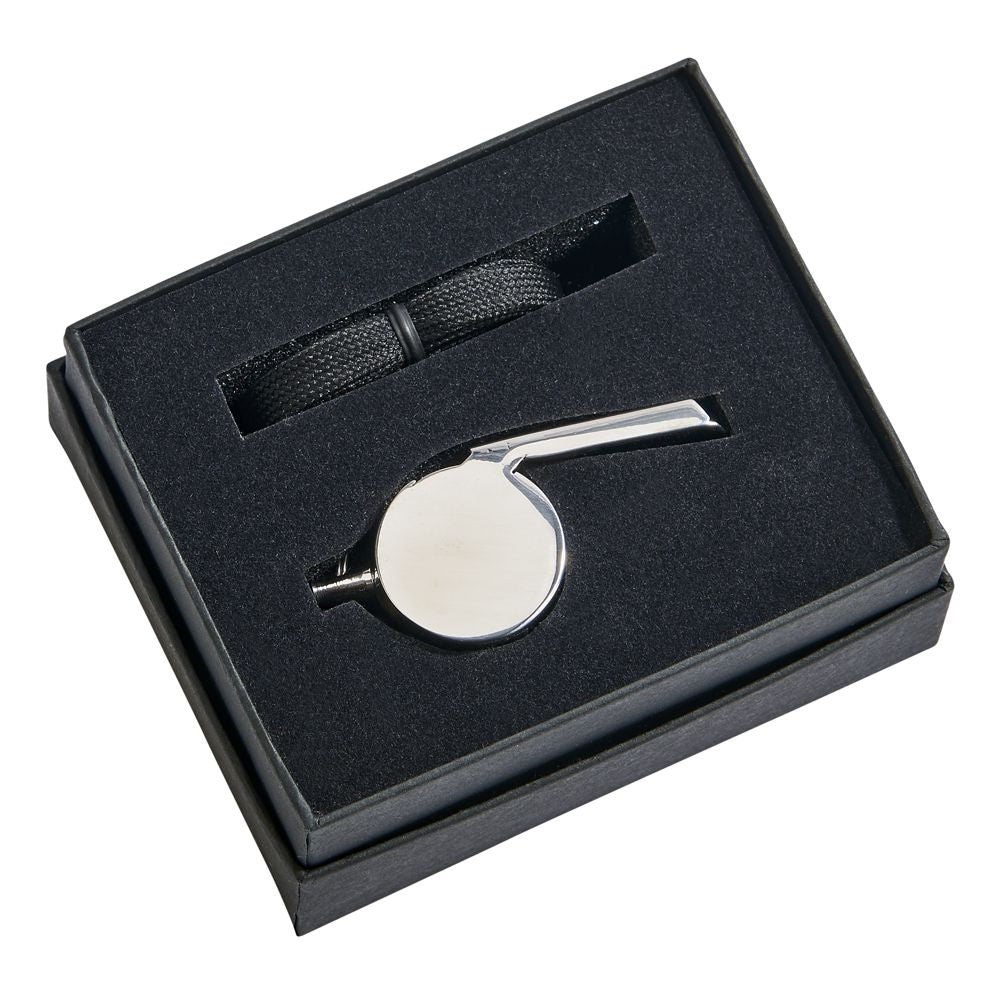 A stainless steel coach's whistle with a black adjustable lanyard, elegantly gift boxed.