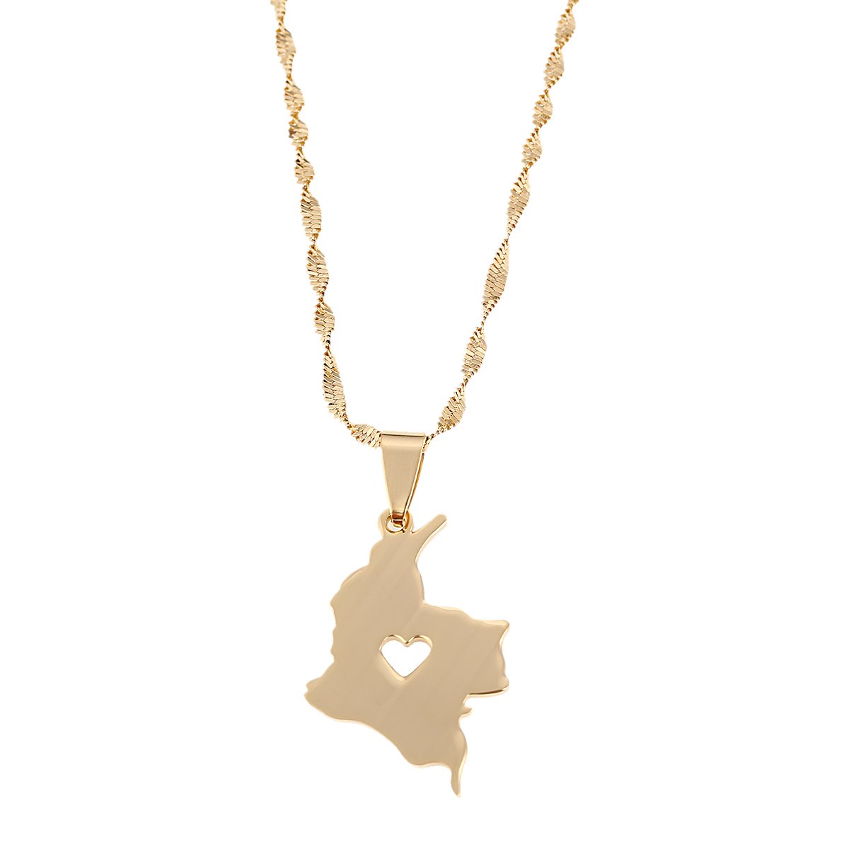 Elegant gold-colored stainless steel pendant necklace featuring a detailed map of Colombia, perfect for gifts and special occasions.