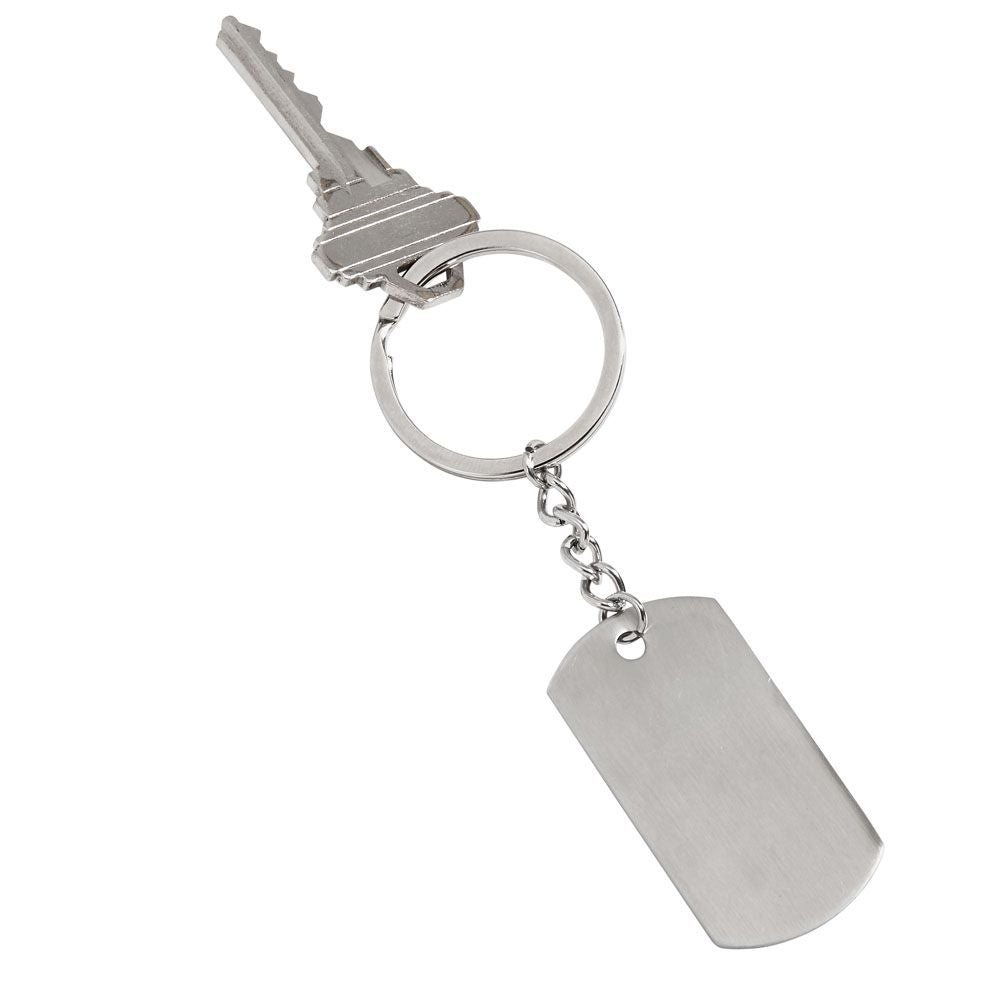 A brushed finish stainless steel dog tag keychain, measuring 4.25 inches in total length, elegantly packaged in a black gift box.