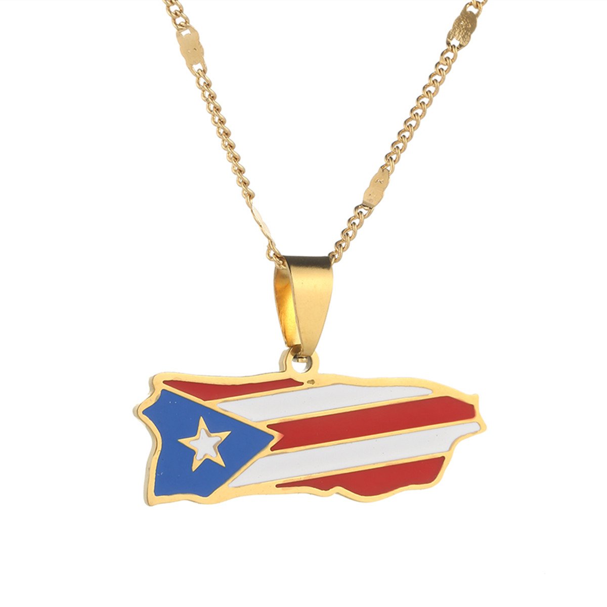 Stainless Steel Enamel Puerto Rico Map Pendant Necklace showcasing vibrant colors and elegant design.