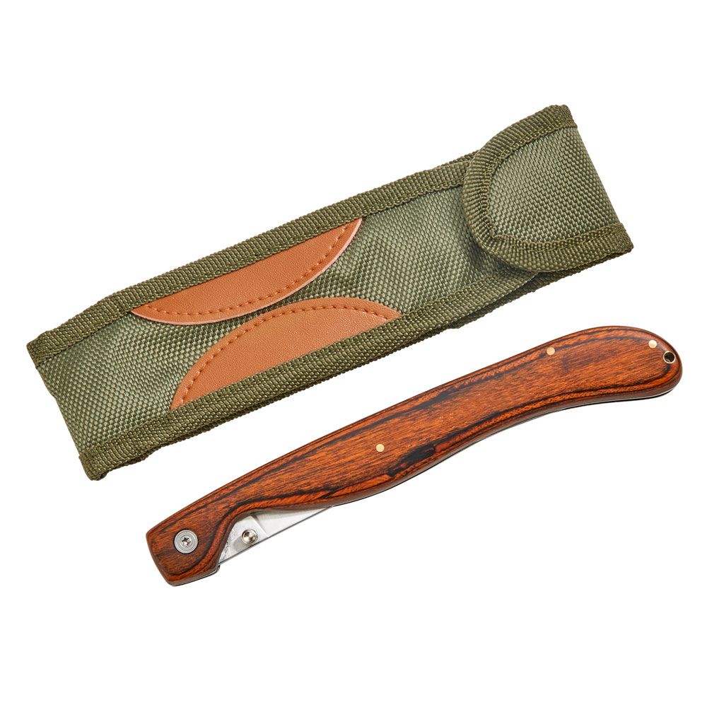 A stainless steel fillet knife with a Birchwood handle, displayed in a green nylon pouch with leather accents.