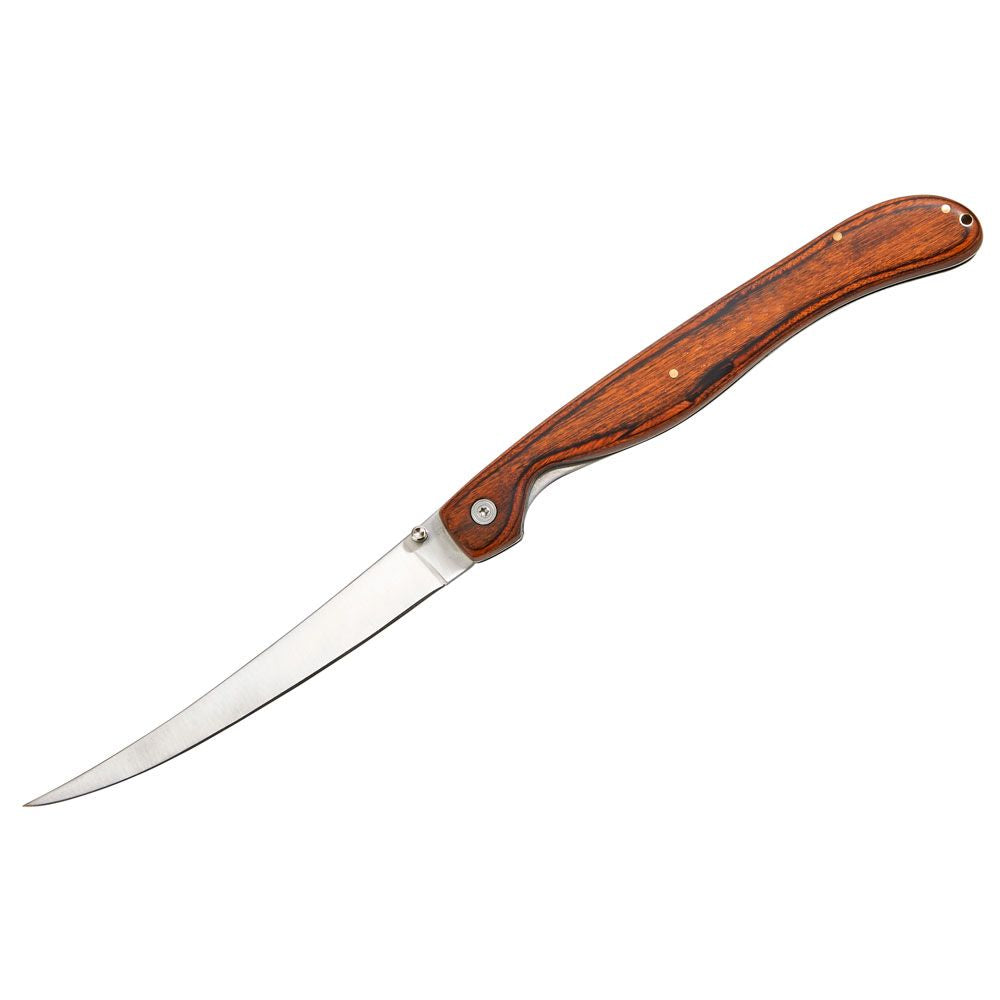 A stainless steel fillet knife with a Birchwood handle, displayed in a green nylon pouch with leather accents.