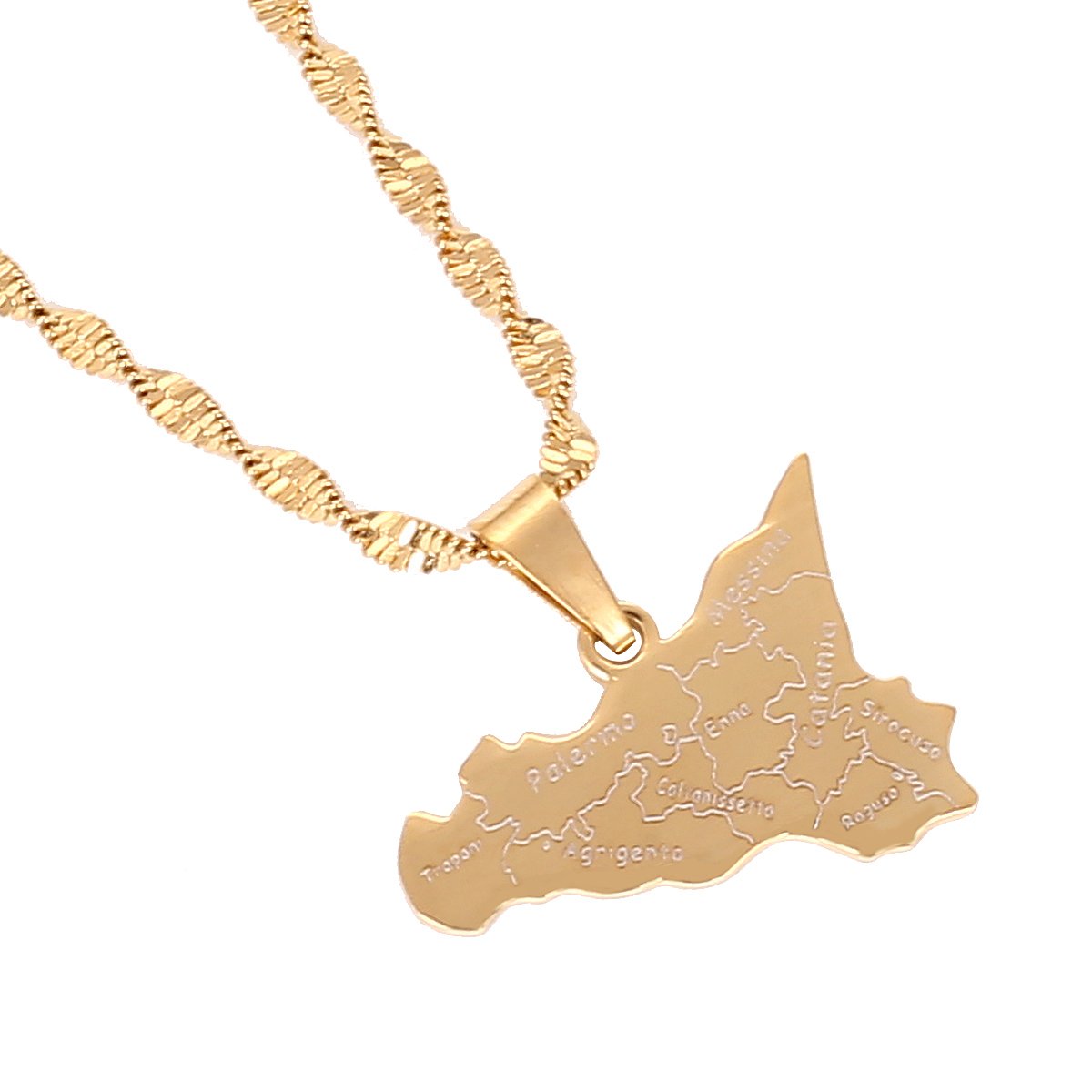 Gold color stainless steel pendant necklace featuring a detailed map of Sicily, perfect for stylish women.