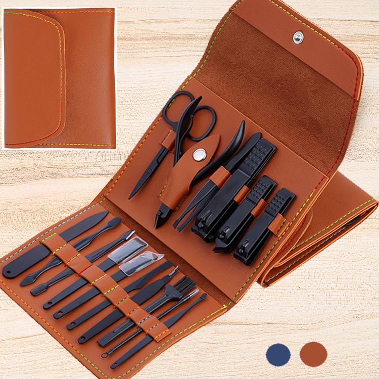 A 16-piece stainless steel nail set including clippers, scissors, tweezers, and more, displayed in a compact arrangement.