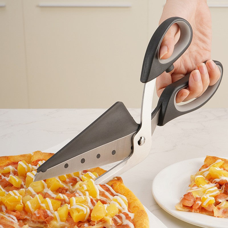 Stainless Steel Pizza Scissors with ergonomic rubber grip, ideal for slicing pizza effortlessly.