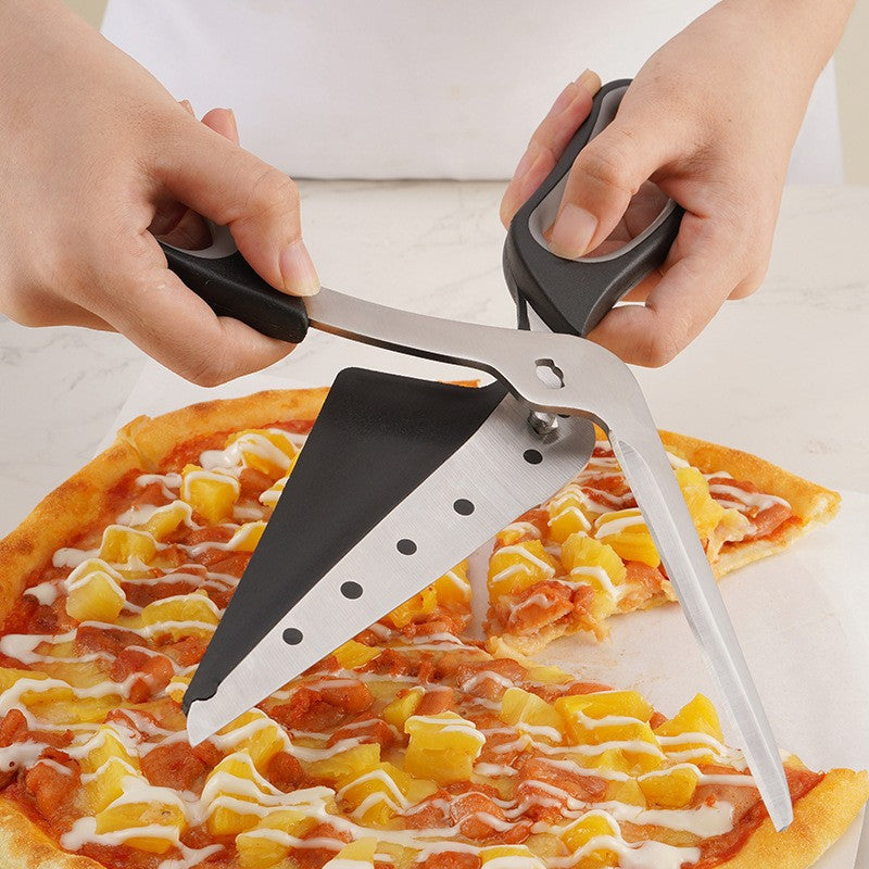 Stainless Steel Pizza Scissors with ergonomic rubber grip, ideal for slicing pizza effortlessly.