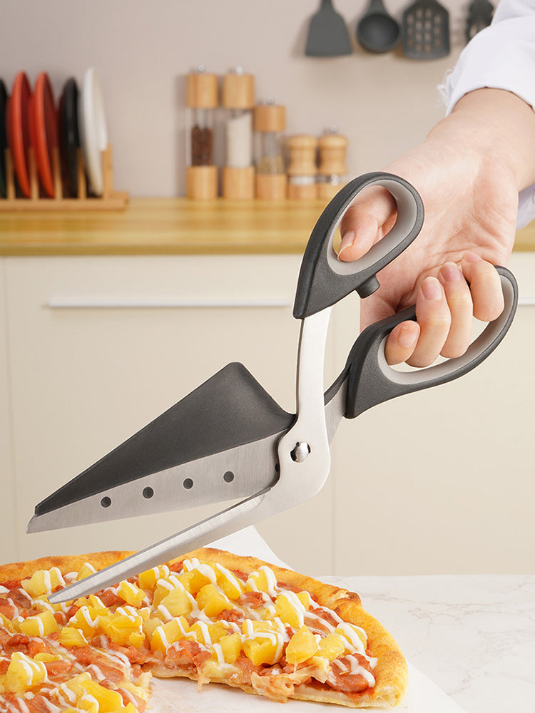 Stainless Steel Pizza Scissors with ergonomic rubber grip, ideal for slicing pizza effortlessly.