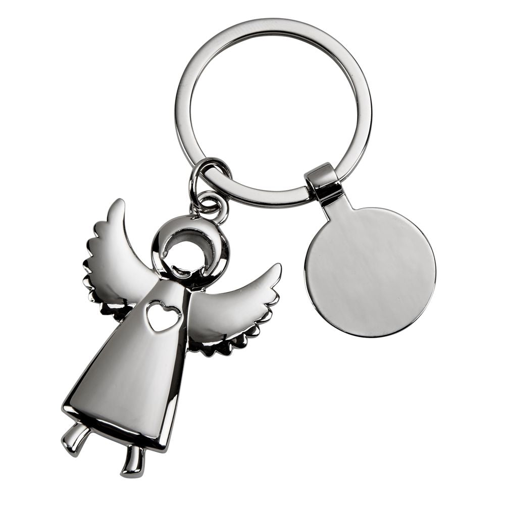 A polished nickel Standing Angel Keychain featuring outstretched wings and a heart-shaped cutout, presented in a black gift box.