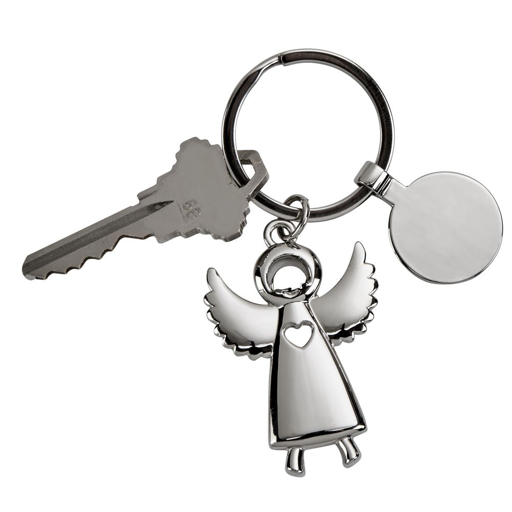 A polished nickel Standing Angel Keychain featuring outstretched wings and a heart-shaped cutout, presented in a black gift box.