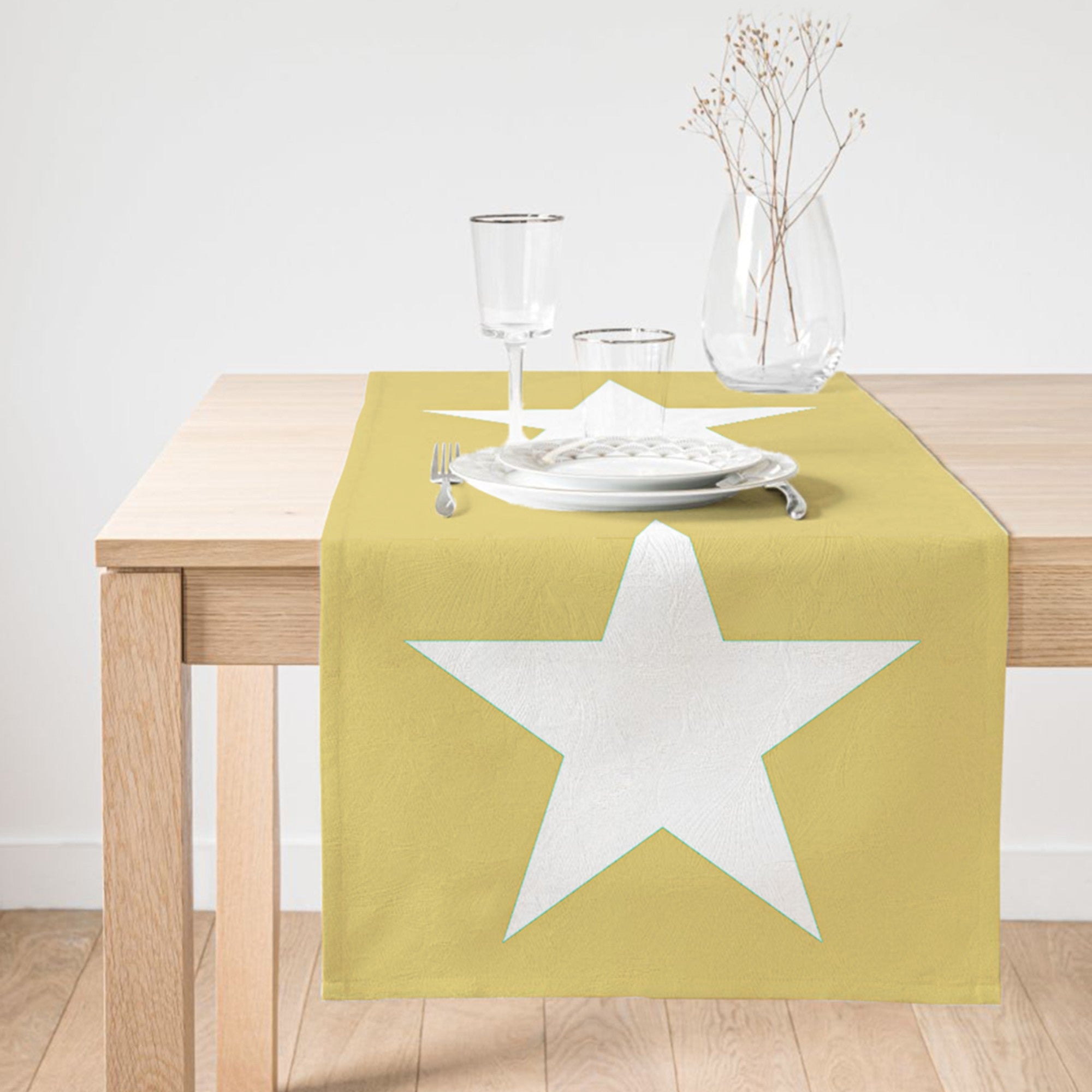 Star Design Yellow Table Cloths featuring a vibrant star pattern on a soft fabric blend, ideal for indoor and outdoor use.