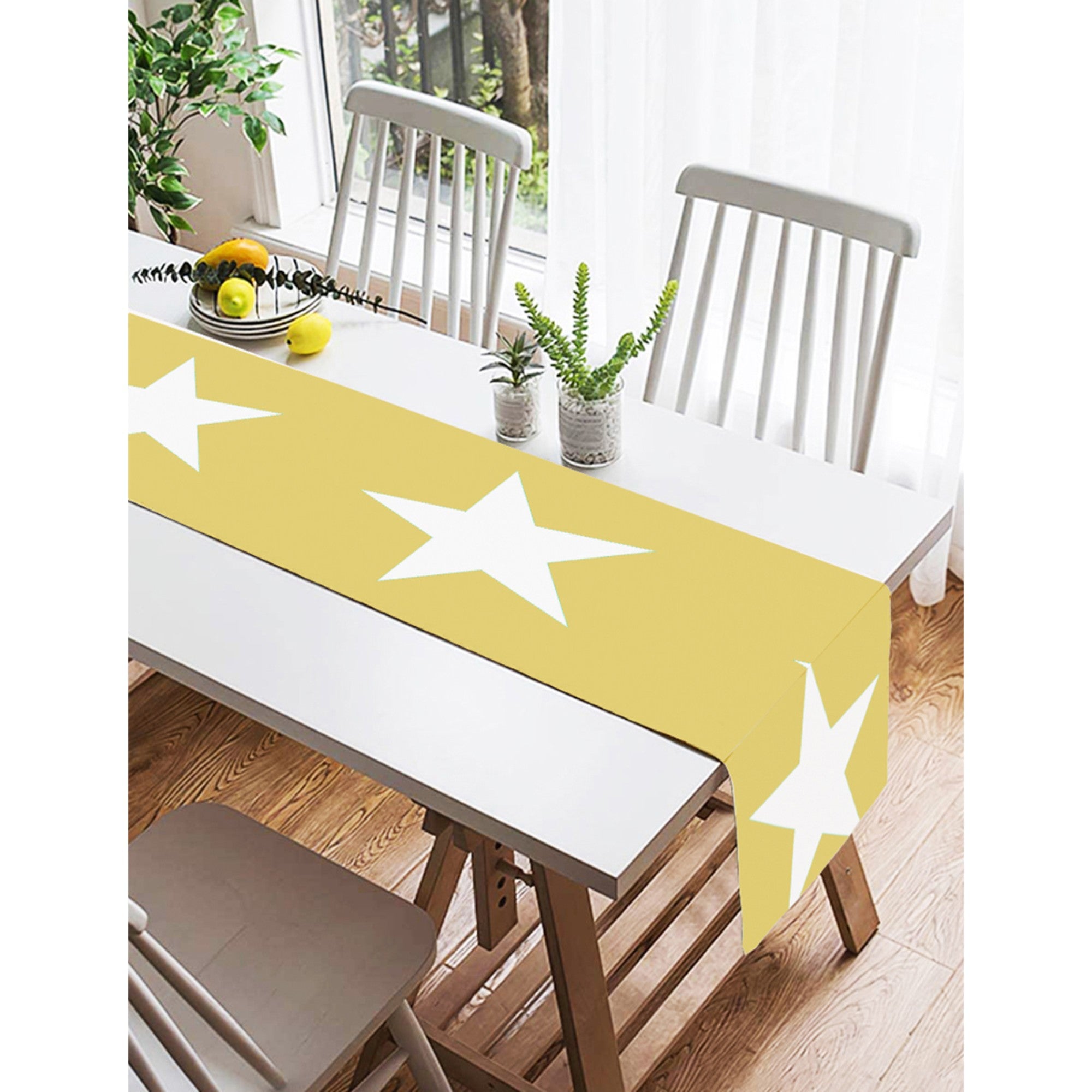 Star Design Yellow Table Cloths featuring a vibrant star pattern on a soft fabric blend, ideal for indoor and outdoor use.