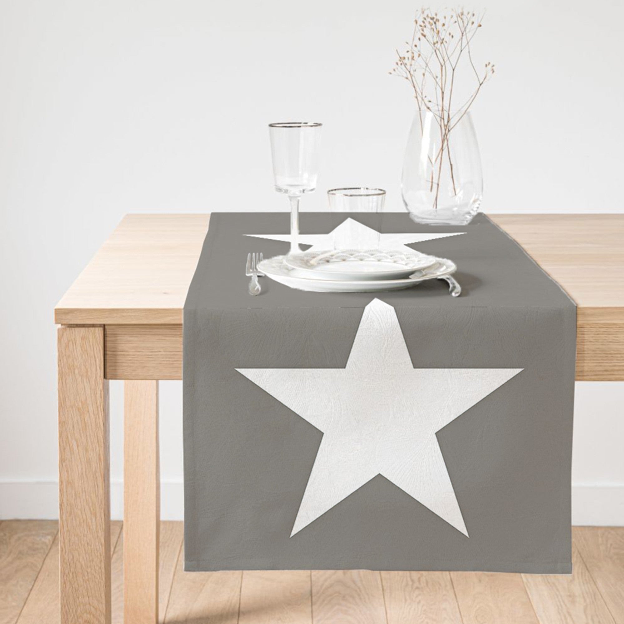 Star Gray Table Runner featuring vibrant 3D digital prints on a soft fabric blend of polyester and cotton.