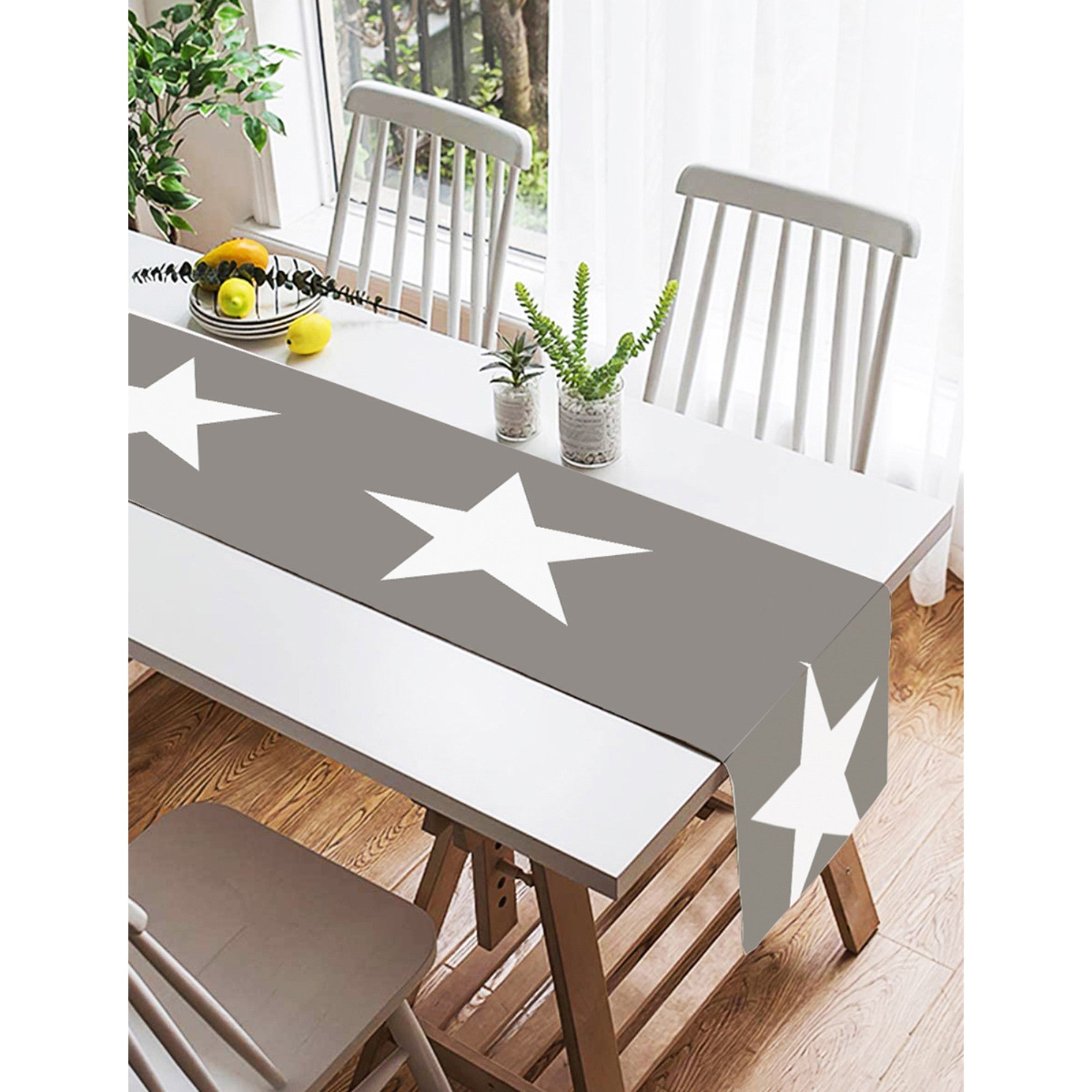 Star Gray Table Runner featuring vibrant 3D digital prints on a soft fabric blend of polyester and cotton.