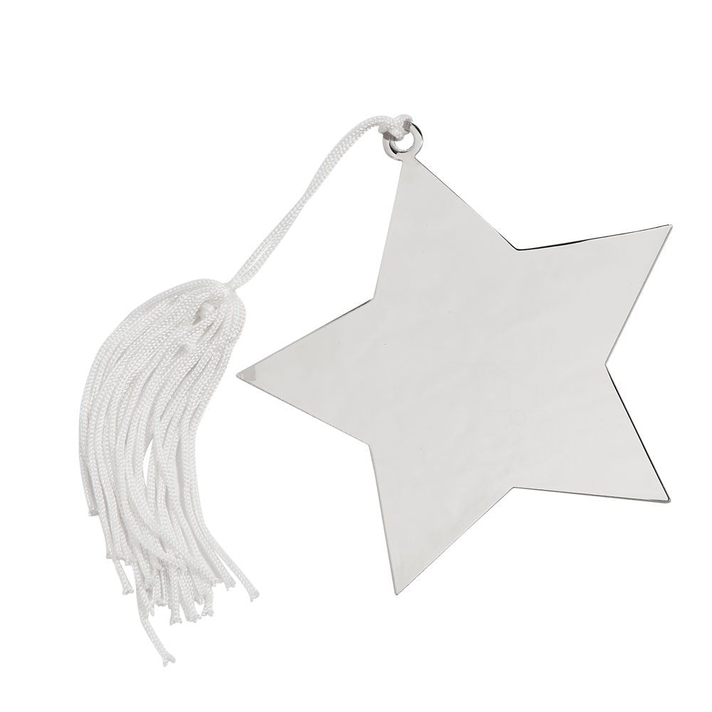 A 4" x 4" star ornament with a white tassel, featuring a shiny nickel plated finish, elegantly displayed in a gift box.