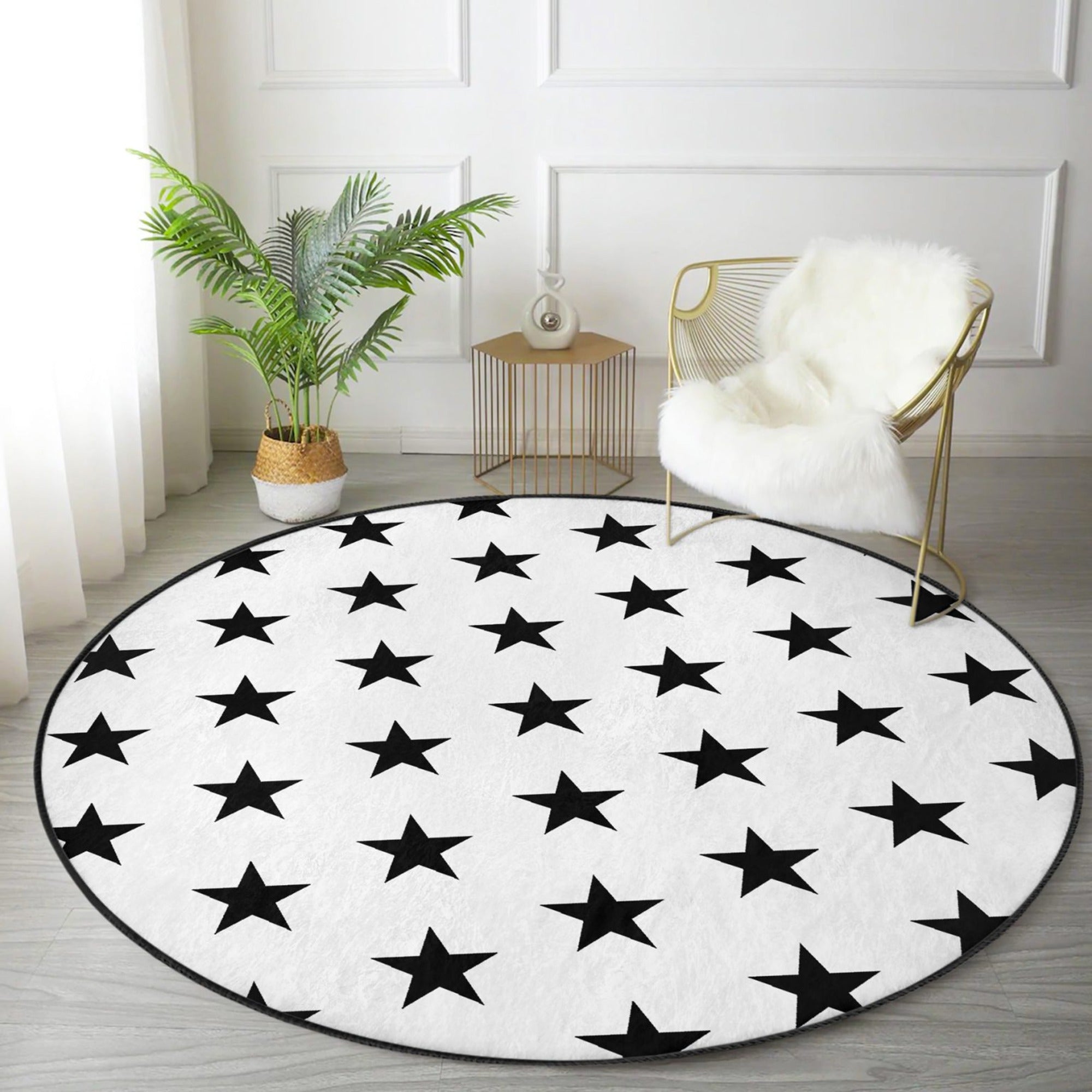 Star Printed Decorative Round Rug featuring a white background with black stars, perfect for living room decor.