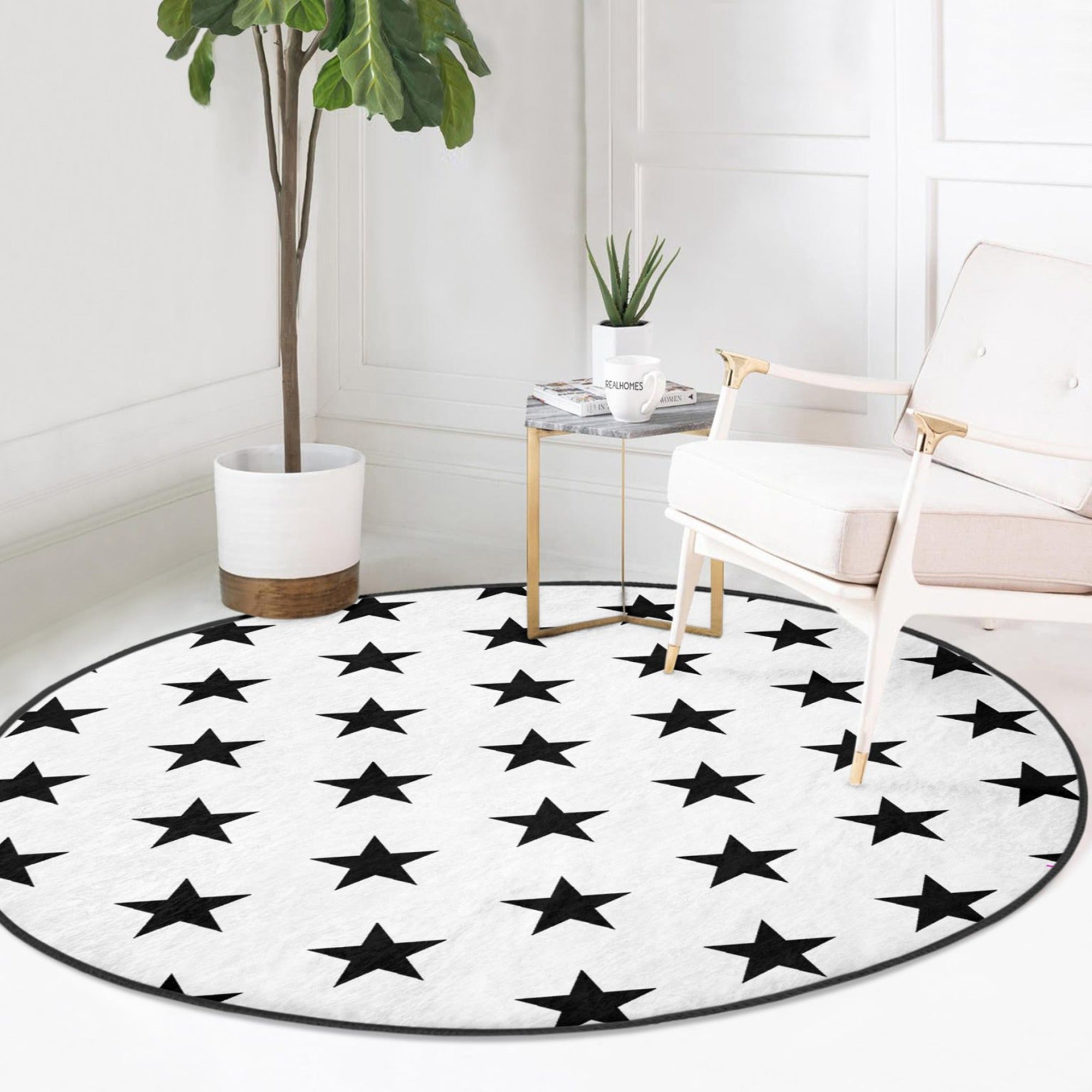 Star Printed Decorative Round Rug featuring a white background with black stars, perfect for living room decor.