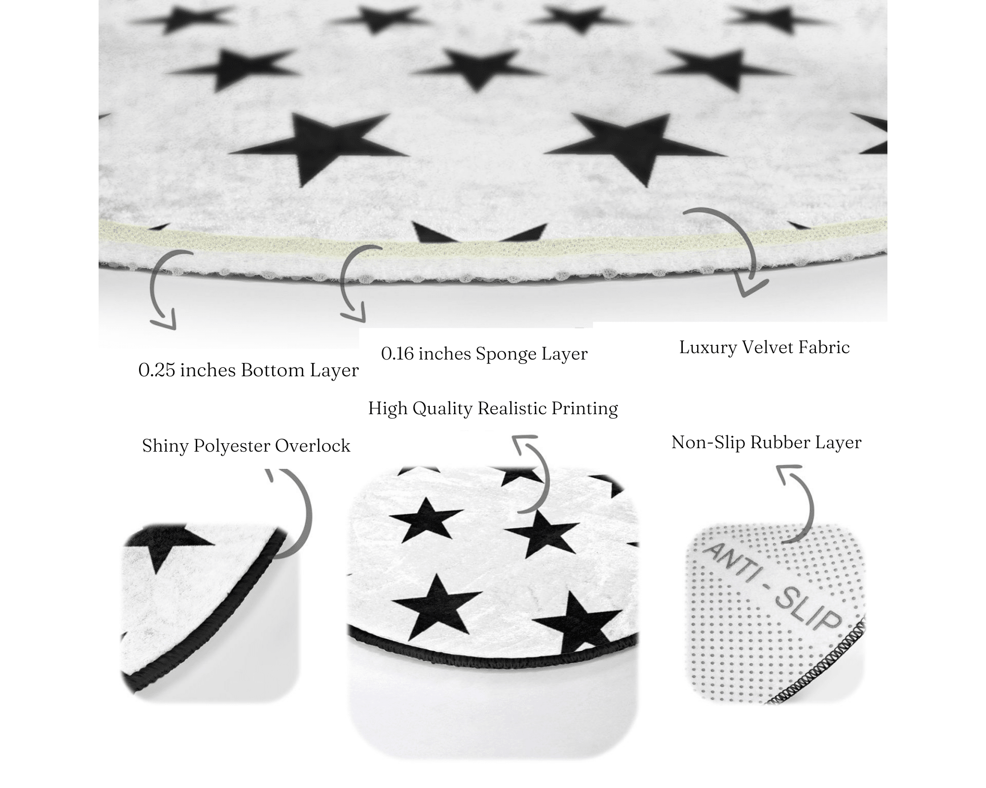 Star Printed Decorative Round Rug featuring a white background with black stars, perfect for living room decor.