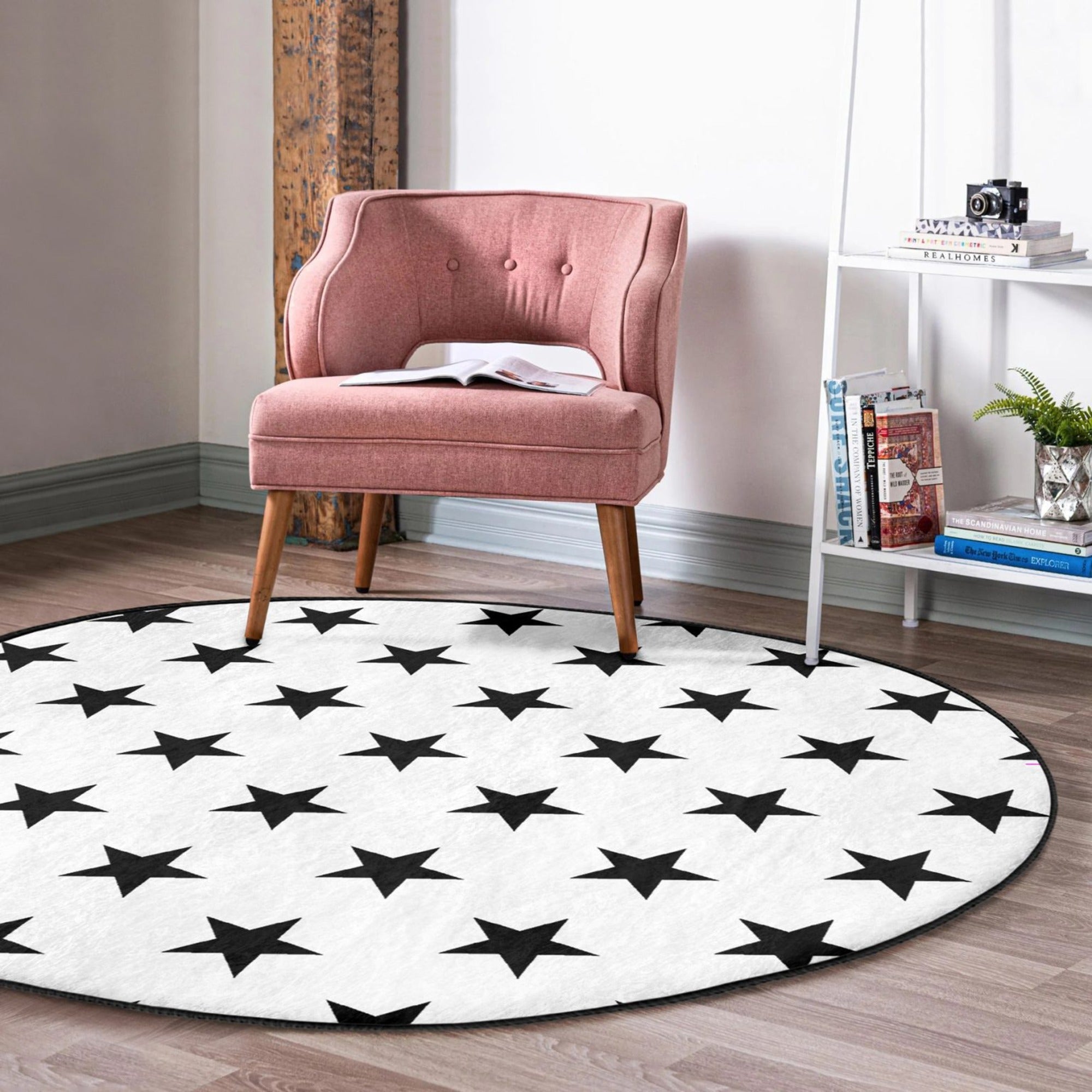 Star Printed Decorative Round Rug featuring a white background with black stars, perfect for living room decor.