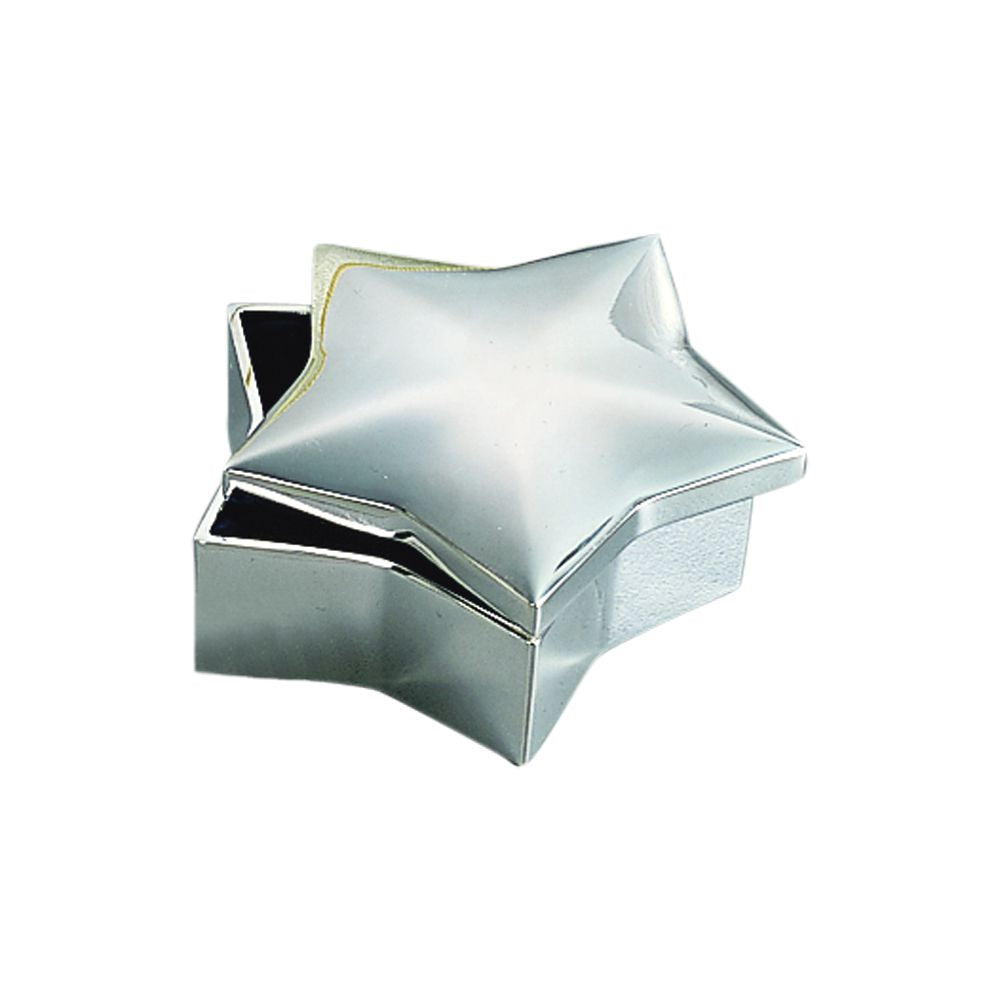 A shiny silver star shaped jewelry box with a dark blue flocked interior, perfect for storing jewelry.