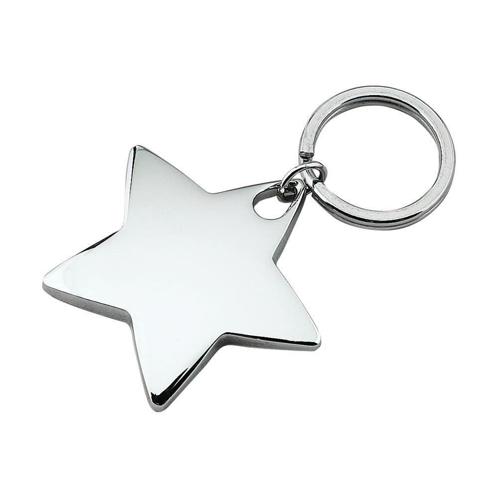 A shiny star shaped keychain with a nickel plated finish, measuring 2 inches by 2 inches, displayed in a black gift box.