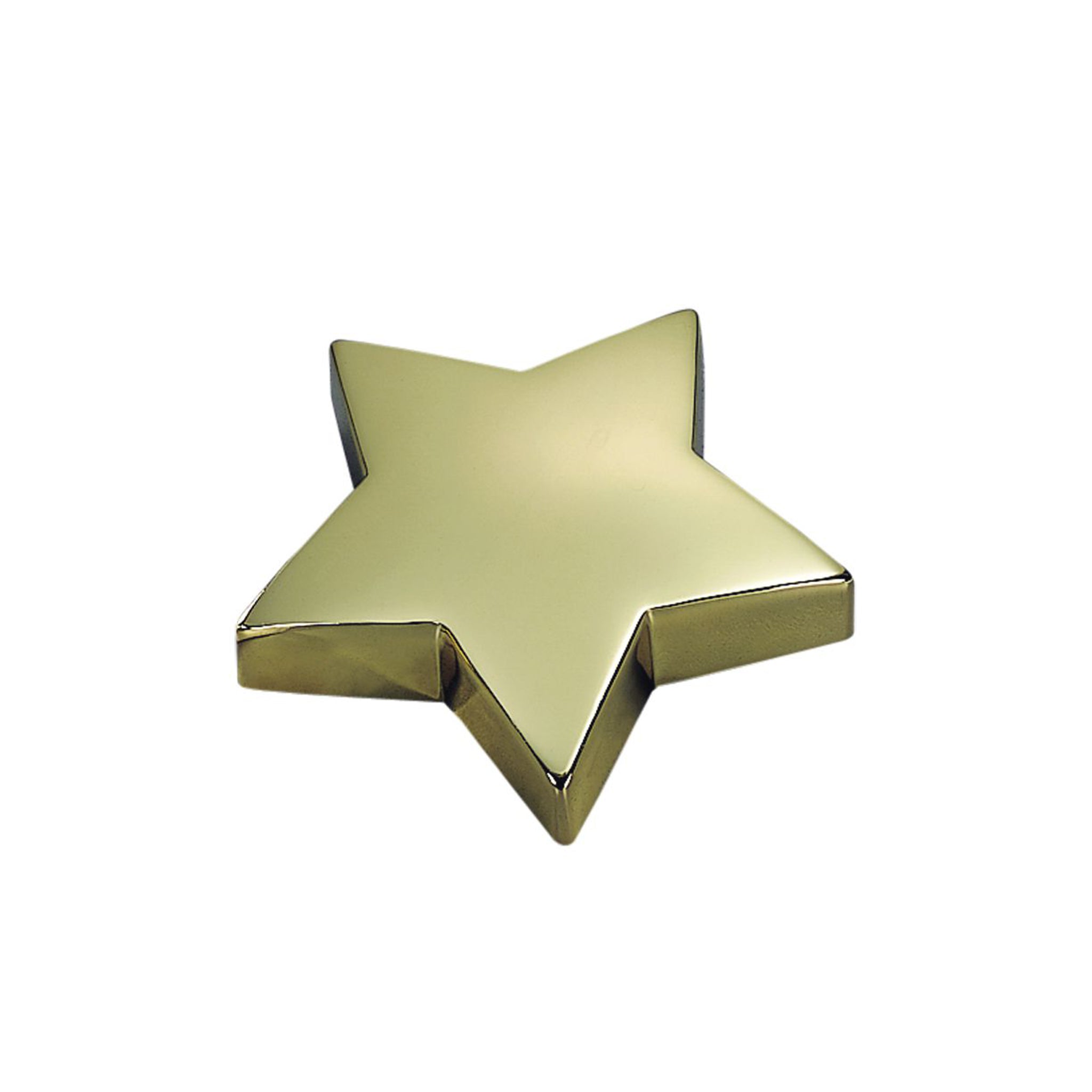 Gold star shaped paperweight made of brass, elegantly designed for awards and recognition.