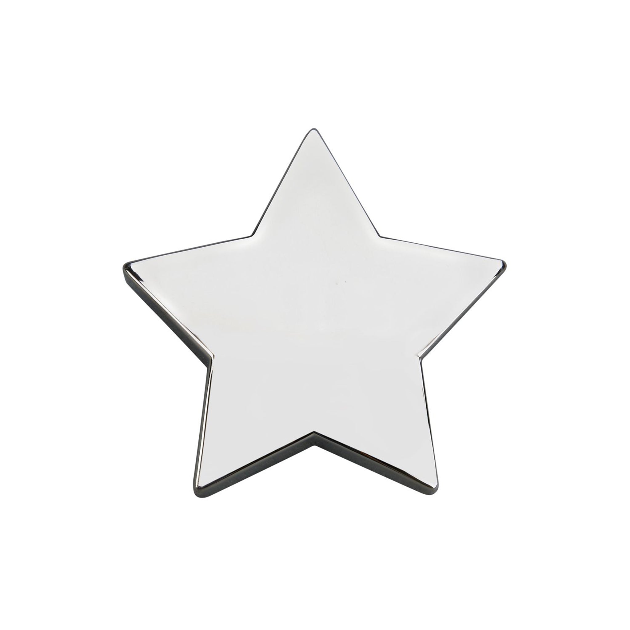 A shiny star shaped paperweight with a nickel plated finish, measuring 4.25" x 4.25", elegantly displayed in a white gift box.