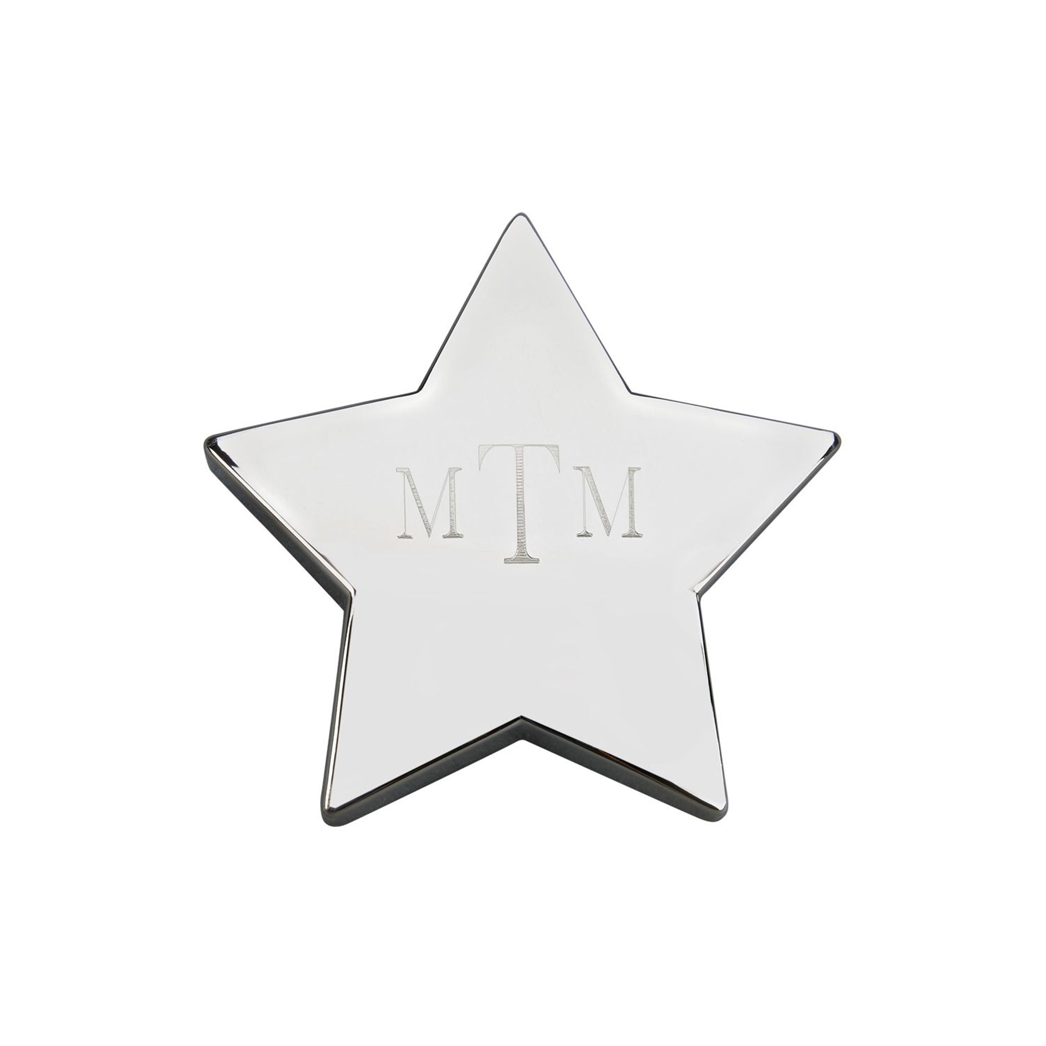 A shiny star shaped paperweight with a nickel plated finish, measuring 4.25" x 4.25", elegantly displayed in a white gift box.