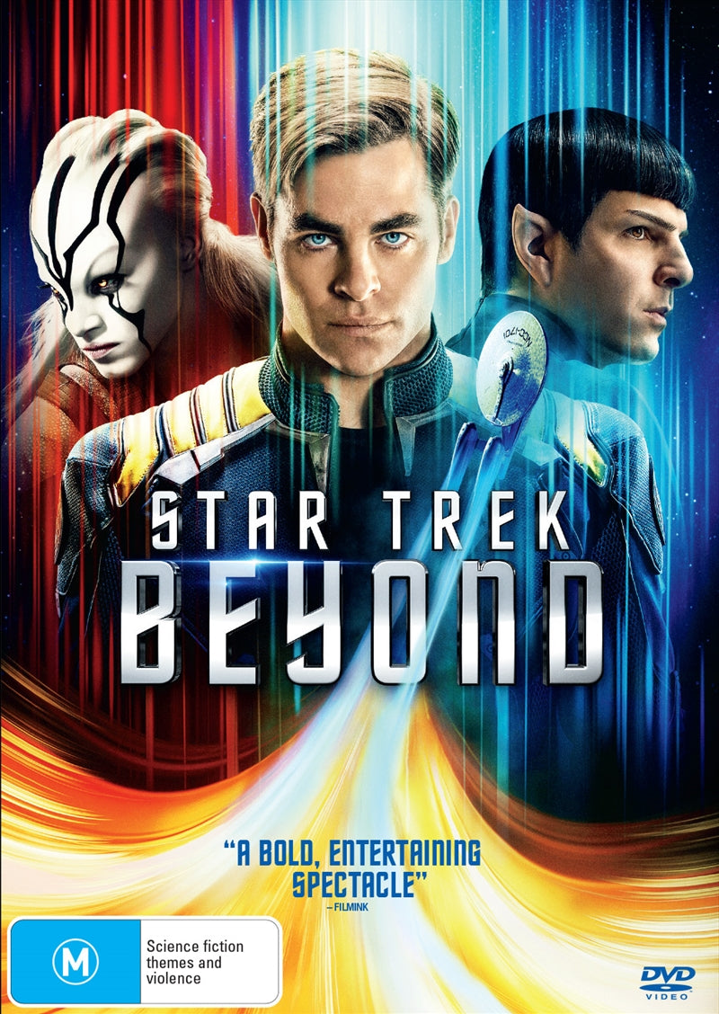 Star Trek Beyond DVD cover featuring the USS Enterprise and main cast members Chris Pine, Simon Pegg, and Idris Elba.