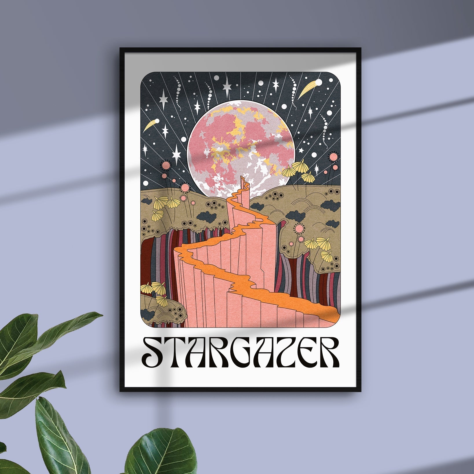 Stargazer Art Print featuring a starry sky and full moon, available in A4 and A3 sizes.