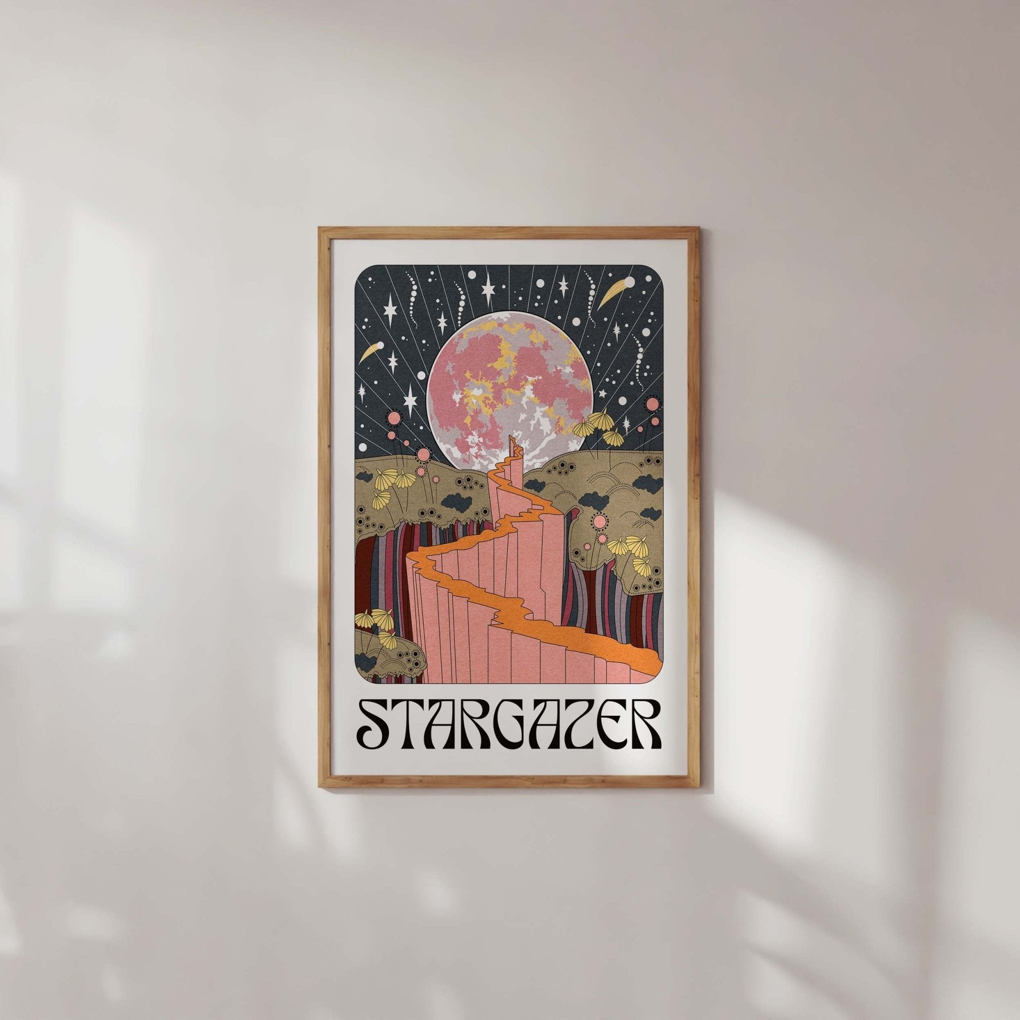 Stargazer Art Print featuring a starry sky and full moon, available in A4 and A3 sizes.