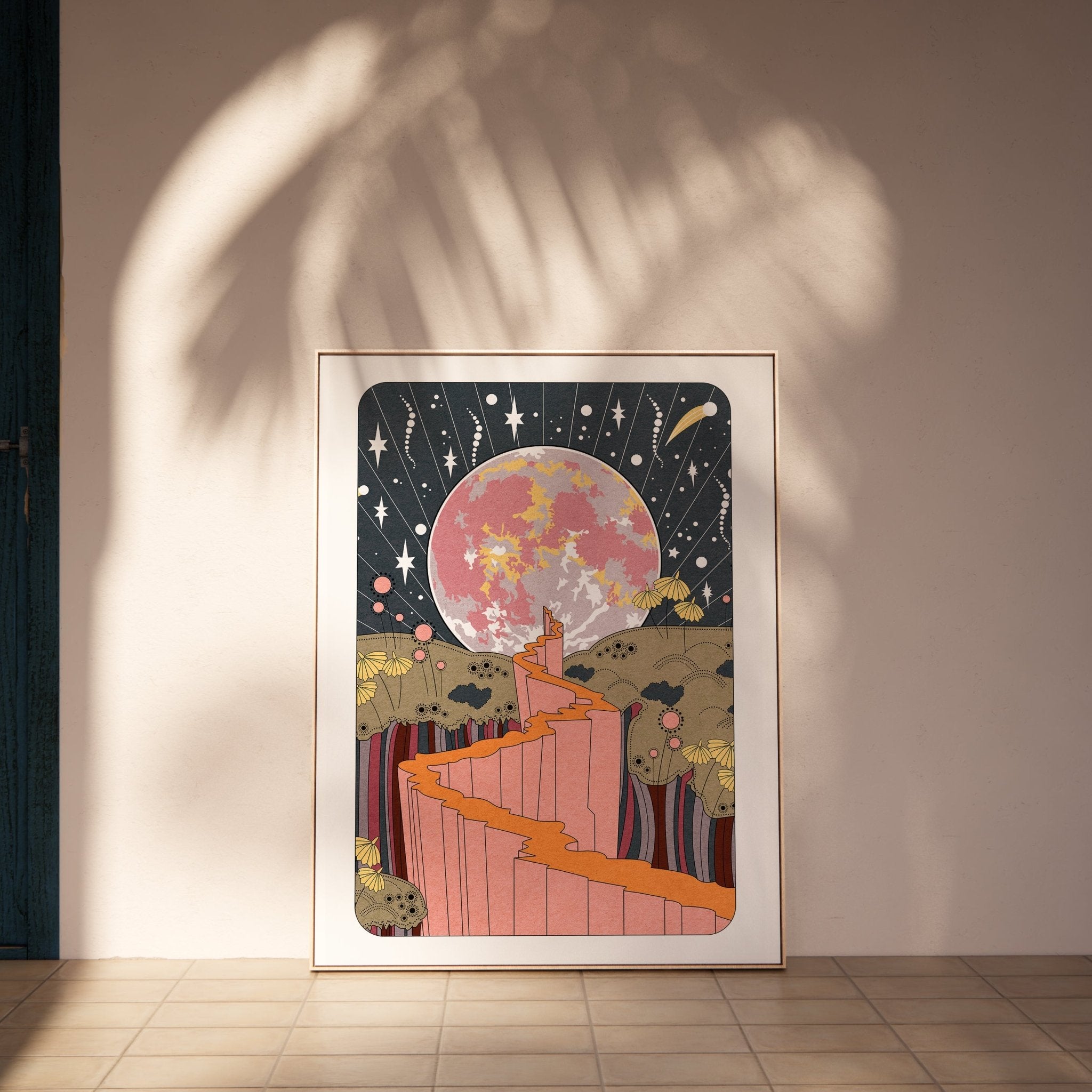 Stargazer Art Print featuring a starry sky and full moon, available in A4 and A3 sizes.